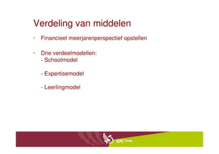Verdeling van middelen
• Financieel meerjarenperspectief opstellen

• Drie verdeelmodellen:
  - Schoolmodel

  - Expertisemodel

  - Leerlingmodel
 