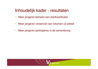 Inhoudelijk kader - resultaten
• Meer jongeren behalen een startkwalificatie

• Meer jongeren verwerven een inkomen uit arbeid

• Meer jongeren participeren in de samenleving
 