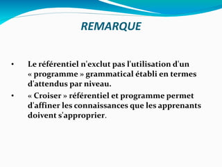 REMARQUE Le référentiel n'exclut pas l'utilisation d'un « programme » grammatical établi en termes d'attendus par niveau. « Croiser » référentiel et programme permet d'affiner les connaissances que les apprenants doivent s'approprier . 