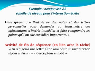 Exemple : niveau visé A2 échelle de niveau pour l'interaction écrite Descripteur  : «  Peut écrire des notes et des lettres personnelles pour demander ou transmettre des informations d’intérêt immédiat et faire comprendre les points qu’il ou elle considère importants. » Activité de fin de séquence (en lien avec la tâche)   « tu rédigeras une lettre a ton ami pour lui raconter ton séjour à Paris » = « descripteur enrobé » 