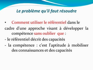 Le problème qu'il faut résoudre Comment utiliser le référentiel  dans le cadre d'une approche visant à développer la compétence  sans oublier  que  : - le référentiel décrit des capacités - la compétence : c'est l'aptitude à mobiliser des connaissances et des capacités 