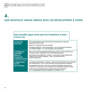 Une nouvelle vague arrive avec les révolutions à venir4
4.
UNE NOUVELLE VAGUE ARRIVE AVEC LES RÉVOLUTIONS À VENIR
Une nouvelle vague arrive avec les révolutions à venir :
Le big data
pour tous
• 82% des décideurs seront directement impactés par le big data
dans les 12 mois à venir
• Seuls 2% ne perçoivent aucun impact
• L’analyse prédictive – voire prescriptive – qui en découle est devenue
une réalité tangible : 71% des décideurs sont impactés
L’intelligence
pilier de
l’entreprise
customer centric
• 66 % des directions générales et Comex y voient un impact direct pour
• Les secteurs de la Banque – Finance – Assurances et des Télécoms &
Utilities sont les plus impactés : c’est ce qu’assurent 63%
de leurs décideurs
La Blockchain
et l’IoT
pour certains
• Le secteur de la Banque – Finance – Assurances est de loin le plus impacté
par la Blockchain : 45% de ses décideurs sont directement impactés
• La révolution est à venir : 46% de ces mêmes décideurs des services
financiers ne sont pas encore impactés mais souhaitent étudier le sujet
• L’IoT trouve principalement des applications dans l’Industrie
(71% d’impactés) et dans les Télécoms – Utilities (77%)
REFERENTIEL 2017.indd 110 20/06/2017 00:22
 
