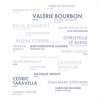 CHRISTIAN BUCHEL
ENEDIS
ANNE BROWAEYS
CLUB MÉDITERRANÉE
FRANÇOIS
GONCZI
EDF
OLIVIER ​DELABROY
AIR LIQUIDE
ERICK BOURRIOTGROUPE BEAUMANOIR
CÉLINE RÉGNAULT
ENGIE
VALÉRIE BOURBONIPSEN
JEAN-CHRISTOPHE LALANNE
AIR FRANCE KLM
VALÉRIE LAUGIER
TOTAL
CÉDRIC
TARAVELLAETAM
ANDRÉ COISNEORANGE BANK
BERNARD BELLETANTE
EM LYON
NATHALIE WRIGHT
REXEL
SERGE MAGDELEINE CRÉDIT AGRICOLE	
CAROLINE DELORME
GALERIES LAFAYETTE
ROLAND SIRE
GENERALI
JEAN-MARC STEFFANN
LA POSTE
CHRISTELLE
LE BERRECRÉDIT MUTUEL ARKÉA
​LAURENT ​STRICHER
P​Ô​LE EMPLOI
​PIERRE ​DE BAROCHEZ
MACIF
CATHERINE
SPINDLERVENTE-PRIVEE
RÉFÉRENTIELDELAMATURITÉDIGITALE2018-19
RÉFÉRENTIEL
DE LA
DIGITALE
2018-19
COUV REFERENTIEL 2018 2.indd 1 11/06/2017 19:19
 