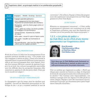 28
Expérience client : un prérequis maîtrisé et en amélioration perpétuelle1
conversion ! ». Par ailleurs, l’équipe a obtenu des progres-
sions très supérieures à ses perspectives sur l'User Enga-
gement et le First Time Buyer.
LE FACTEUR X
Attention au management transversal : « Il faut veiller
en permanence à maintenir une consistance sur le code
et l'expérience utilisateur, sans quoi des disparités sur-
viennent vite et font prendre des risques aux projets ! »
1.2.3. « Les jetons de poker »
du Club Med, ou les effets d’une bonne
gouvernance sur l’expérience client
C’est un système qui s'apparente au poker. « Plutôt que
chaque pays remonte ses besoins au siège, ils disposent
de droits de vote proportionnels à leur taille de marché. »
Le résultat ? Des business units responsabilisées, une
meilleure synergie entre les régions et la DSI placée au
centre. Depuis, l’équipe a sorti des innovations structu-
rantes pour le groupe, qui réinventent petit à petit l’expé-
rience client des vacanciers :
Anne Browaeys
Chief Information Officer
et Chief Data Officer
Club Méditerranée
Voici deux ans, le Club Méditerranée fusionnait sa
DSI avec le Marketing et mettait en place une nou-
velle gouvernance pour les projets innovants.
2015, PREMIER ESSAI
Avant de se lancer, il a fallu tirer les enseignements d’une
première tentative abordée en 2015. « Ces projets sont
très complexes à mettre en place. J'avais sous-estimé la
nécessité d'avoir un partenaire DSI aussi ouvert que pos-
sible et qui nous accompagne dans cette logique. L'arri-
vée d'un nouveau DSI nous a permis de repenser le pro-
jet à la mi-2016. Les cultures managériales matricielles
sont très difficiles dans les entreprises françaises, elles
remettent en question le rôle des petits chefs. Il faut que
tout le monde soit aligné. »
LE RÉSULTAT :
UN AFFICHAGE 100 % PERSONNALISÉ !
Le changement a pris du temps, mais les résultats sont
tangibles : l'accueil est désormais personnalisé sur l'af-
ﬁchage du site « ce qui a vraiment amélioré le taux de
Avant 3 équipes : • Mobile • Desktop • Services
Après 7 équipes pluridisciplinaires :
• User engagement & first-time buyer :
maximise la transformation des membres
• Navigation : gère les home-page ventes et
catégories
• Sales : pilote les ventes, les fiches produit,
le catalogue et la performance
• Tunnel d'achat : maximise la création
de valeur
• After-sales : assure le suivi et l'après-vente
• Life-cycle : travaille sur l'activation et
le CRM
• Personnalisation : gère tous les algorithmes
utilisés par les équipes produits
 