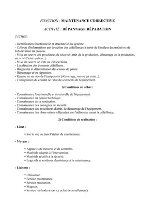 FONCTION : MAINTENANCE CORRECTIVE

                       ACTIVITÉ : DÉPANNAGE RÉPARATION

TÂCHES :

- Identification fonctionnelle et structurelle du système.
- Collecte d'informations par détection des défaillances à partir de l'analyse du produit ou de
l'observation du process.
- Mise en oeuvre des procédures de sécurité (arrêt de la production, démarrage de la production,
sécurité d'intervention...).
- Mise en oeuvre de tests ou d'inspections.
- Localisation des éléments défaillants.
- Diagnostic et détermination des causes de panne.
- Dépannage et/ou réparation.
- Remise en service de l'équipement (démarrage, remise en main...).
- Consignation du constat de l'état des éléments de l'équipement.

                                      l) Conditions de début :

- Connaissance fonctionnelle et structurelle de l'équipement.
- Connaissance du dossier technique.
- Connaissance de la production.
- Connaissance des consignes de sécurité.
- Connaissance des procédures d'arrêt, de démarrage de l'équipement.
- Connaissance des observations effectuées par l'utilisateur avant la défaillance.

                                   2) Conditions de réalisation :

- Lieux :

       • Sur le site ou dans l'atelier de maintenance.

- Moyens :

       • Appareils de mesures et de contrôles.
       • Matériels adaptés à l'intervention.
       • Matériels relatifs à la sécurité.
       • Logiciels et systèmes d'assistance à la maintenance.

- Liaisons :

       • Utilisateur.
       • Service maintenance.
       • Service production.
       • Magasin.
       • Service méthodes (service achat éventuellement).
 
