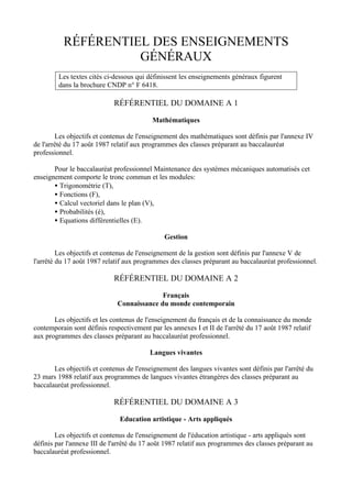 RÉFÉRENTIEL DES ENSEIGNEMENTS
                    GÉNÉRAUX
         Les textes cités ci-dessous qui définissent les enseignements généraux figurent
         dans la brochure CNDP n° F 6418.

                            RÉFÉRENTIEL DU DOMAINE A 1

                                          Mathématiques

        Les objectifs et contenus de l'enseignement des mathématiques sont définis par l'annexe IV
de l'arrêté du 17 août 1987 relatif aux programmes des classes préparant au baccalauréat
professionnel.

       Pour le baccalauréat professionnel Maintenance des systèmes mécaniques automatisés cet
enseignement comporte le tronc commun et les modules:
       • Trigonométrie (T),
       • Fonctions (F),
       • Calcul vectoriel dans le plan (V),
       • Probabilités (é),
       • Equations différentielles (E).

                                               Gestion

         Les objectifs et contenus de l'enseignement de la gestion sont définis par l'annexe V de
l'arrêté du 17 août 1987 relatif aux programmes des classes préparant au baccalauréat professionnel.

                            RÉFÉRENTIEL DU DOMAINE A 2

                                            Français
                              Connaissance du monde contemporain

       Les objectifs et les contenus de l'enseignement du français et de la connaissance du monde
contemporain sont définis respectivement par les annexes I et II de l'arrêté du 17 août 1987 relatif
aux programmes des classes préparant au baccalauréat professionnel.

                                         Langues vivantes

       Les objectifs et contenus de l'enseignement des langues vivantes sont définis par l'arrêté du
23 mars 1988 relatif aux programmes de langues vivantes étrangères des classes préparant au
baccalauréat professionnel.

                            RÉFÉRENTIEL DU DOMAINE A 3

                               Education artistique - Arts appliqués

        Les objectifs et contenus de l'enseignement de l'éducation artistique - arts appliqués sont
définis par l'annexe III de l'arrêté du 17 août 1987 relatif aux programmes des classes préparant au
baccalauréat professionnel.
 