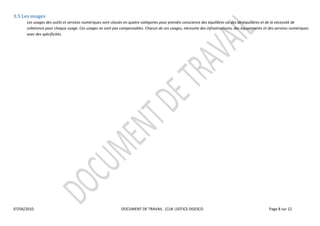  
3.5  Les  usages  
       Les  usages  des  outils  et  services  numériques  sont  classés  en  quatre  catégories  pour  prendre  conscience  des  équilibres  ou  des  déséquilibres  et  de  la  nécessité  de  
       cohérence  pour  chaque  usage.  Ces  usages  ne  sont  pas  compensables.  Chacun  de  ces  usages,  nécessite  des  infrastructures,  des  équipements  et  des  services  numériques  
       avec  des  spécificités.    

                                    




07/04/2010                                                           DOCUMENT  DE  TRAVAIL    |CLN  |SDTICE-­‐DGESCO                                                  Page  8  sur  12  

  
  
 