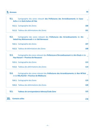 - 4 -
9. Annexes 99
9.1. Cartographie des zones relevant des Préfectures des Arrondissements de Casa-
Anfa et de Derb Sultan-Al Fida
--
9.1.1. Cartographie des Zones 100
9.1.2. Tableau des délimitations des Zones 101
9.2. Cartographie des zones relevant des Préfectures des Arrondissements de Ain
Sebaâ Hay Mohammadi et de Sidi Bernoussi
--
9.2.1. Cartographie des Zones 107
9.2.2. Tableau de délimitations des Zones 108
9.3. Cartographie des zones relevant des Préfectures d’Arrondissement de Ain Chock et de
Hay Hassani + Province de Nouaceur
--
9.3.1. Cartographie des Zones 113
9.3.2. Tableau des délimitations des Zones 114
9.4. Cartographie des zones relevant des Préfectures des Arrondissements de Ben M’Sick
et de Mly Rachid + Province de Médiouna
--
9.4.1. Cartographie des Zones 119
9.4.2. Tableau des délimitations des Zones 120
9.5. Tableau de correspondance Adresse/Code Zone 125
10. Contacts utiles 178
 