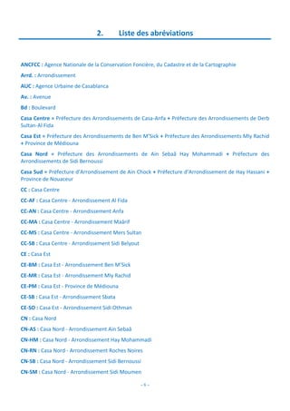 - 6 -
2. Liste des abréviations
ANCFCC : Agence Nationale de la Conservation Foncière, du Cadastre et de la Cartographie
Arrd. : Arrondissement
AUC : Agence Urbaine de Casablanca
Av. : Avenue
Bd : Boulevard
Casa Centre = Préfecture des Arrondissements de Casa-Anfa + Préfecture des Arrondissements de Derb
Sultan-Al Fida
Casa Est = Préfecture des Arrondissements de Ben M’Sick + Préfecture des Arrondissements Mly Rachid
+ Province de Médiouna
Casa Nord = Préfecture des Arrondissements de Ain Sebaâ Hay Mohammadi + Préfecture des
Arrondissements de Sidi Bernoussi
Casa Sud = Préfecture d’Arrondissement de Ain Chock + Préfecture d’Arrondissement de Hay Hassani +
Province de Nouaceur
CC : Casa Centre
CC-AF : Casa Centre - Arrondissement Al Fida
CC-AN : Casa Centre - Arrondissement Anfa
CC-MA : Casa Centre - Arrondissement Maârif
CC-MS : Casa Centre - Arrondissement Mers Sultan
CC-SB : Casa Centre - Arrondissement Sidi Belyout
CE : Casa Est
CE-BM : Casa Est - Arrondissement Ben M’Sick
CE-MR : Casa Est - Arrondissement Mly Rachid
CE-PM : Casa Est - Province de Médiouna
CE-SB : Casa Est - Arrondissement Sbata
CE-SO : Casa Est - Arrondissement Sidi Othman
CN : Casa Nord
CN-AS : Casa Nord - Arrondissement Ain Sebaâ
CN-HM : Casa Nord - Arrondissement Hay Mohammadi
CN-RN : Casa Nord - Arrondissement Roches Noires
CN-SB : Casa Nord - Arrondissement Sidi Bernoussi
CN-SM : Casa Nord - Arrondissement Sidi Moumen
 