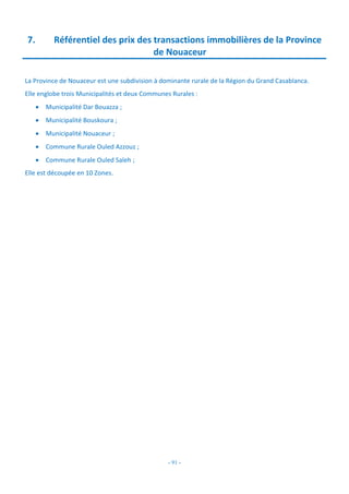 - 91 -
7. Référentiel des prix des transactions immobilières de la Province
de Nouaceur
La Province de Nouaceur est une subdivision à dominante rurale de la Région du Grand Casablanca.
Elle englobe trois Municipalités et deux Communes Rurales :
 Municipalité Dar Bouazza ;
 Municipalité Bouskoura ;
 Municipalité Nouaceur ;
 Commune Rurale Ouled Azzouz ;
 Commune Rurale Ouled Saleh ;
Elle est découpée en 10 Zones.
 