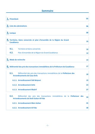 - 2 -
Sommaire
1. Préambule 05
2. Liste des abréviations 06
3. Lexique 08
4. Territoire, biens concernés et plan d’ensemble de la Région du Grand
Casablanca
10
4.1. Territoire et biens concernés 10
4.2. Plan d’ensemble de la Région du Grand Casablanca 12
5. Mode de recherche 14
6. Référentiel des prix des transactions immobilières de la Préfecture de Casablanca 17
6.1. Référentiel des prix des transactions immobilières de la Préfecture des
Arrondissements de Casa-Anfa
18
6.1.1. Arrondissement Sidi Belyout 19
6.1.2. Arrondissement Anfa 23
6.1.3. Arrondissement Maârif 27
6.2. Référentiel des prix des transactions immobilières de la Préfecture des
Arrondissements de Derb Sultan-Al Fida
34
6.2.1. Arrondissement Mers Sultan 35
6.2.2. Arrondissement Al Fida 38
 
