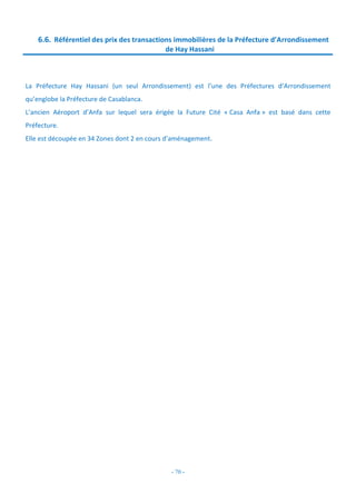 - 70 -
6.6. Référentiel des prix des transactions immobilières de la Préfecture d’Arrondissement
de Hay Hassani
La Préfecture Hay Hassani (un seul Arrondissement) est l’une des Préfectures d’Arrondissement
qu’englobe la Préfecture de Casablanca.
L’ancien Aéroport d’Anfa sur lequel sera érigée la Future Cité « Casa Anfa » est basé dans cette
Préfecture.
Elle est découpée en 34 Zones dont 2 en cours d’aménagement.
 