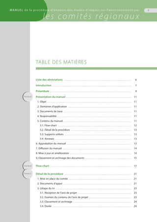 MANUEL de la procédure d'examen des études d'impact sur l'environnement par
les comités régionaux
TABLE DES MATIÈRES
Liste des abréviations . . . . . . . . . . . . . . . . . . . . . . . . . . . . . . . . . . . . . . . . . . . . . . . . . . . . . . . . . . . . . . . . . . . . . . . . . 	 6
Introduction . . . . . . . . . . . . . . . . . . . . . . . . . . . . . . . . . . . . . . . . . . . . . . . . . . . . . . . . . . . . . . . . . . . . . . . . . . . . . . . . . . . . . 	 7
Préambule . . . . . . . . . . . . . . . . . . . . . . . . . . . . . . . . . . . . . . . . . . . . . . . . . . . . . . . . . . . . . . . . . . . . . . . . . . . . . . . . . . . . . . . .	 9
Présentation du manuel . . . . . . . . . . . . . . . . . . . . . . . . . . . . . . . . . . . . . . . . . . . . . . . . . . . . . . . . . . . . . . . . . . . . . . 	 11
1. Objet . . . . . . . . . . . . . . . . . . . . . . . . . . . . . . . . . . . . . . . . . . . . . . . . . . . . . . . . . . . . . . . . . . . . . . . . . . . . . . . . . . . . . . . . . . . 	 11
2. Domaines d’application . . . . . . . . . . . . . . . . . . . . . . . . . . . . . . . . . . . . . . . . . . . . . . . . . . . . . . . . . . . . . . . . . . . . 	 11
3. Documents de base . . . . . . . . . . . . . . . . . . . . . . . . . . . . . . . . . . . . . . . . . . . . . . . . . . . . . . . . . . . . . . . . . . . . . . . . . 	 11
4. Responsabilité . . . . . . . . . . . . . . . . . . . . . . . . . . . . . . . . . . . . . . . . . . . . . . . . . . . . . . . . . . . . . . . . . . . . . . . . . . . . . . . . 	 11
5. Contenu du manuel . . . . . . . . . . . . . . . . . . . . . . . . . . . . . . . . . . . . . . . . . . . . . . . . . . . . . . . . . . . . . . . . . . . . . . . . . 	 11
5.1. Flow-chart . . . . . . . . . . . . . . . . . . . . . . . . . . . . . . . . . . . . . . . . . . . . . . . . . . . . . . . . . . . . . . . . . . . . . . . . . . . . . . . 	 12
5.2. Détail de la procédure . . . . . . . . . . . . . . . . . . . . . . . . . . . . . . . . . . . . . . . . . . . . . . . . . . . . . . . . . . . . . . . . . 	 13
5.3. Supports utilisés . . . . . . . . . . . . . . . . . . . . . . . . . . . . . . . . . . . . . . . . . . . . . . . . . . . . . . . . . . . . . . . . . . . . . . . . 	 13
5.4. Annexes . . . . . . . . . . . . . . . . . . . . . . . . . . . . . . . . . . . . . . . . . . . . . . . . . . . . . . . . . . . . . . . . . . . . . . . . . . . . . . . . . . 	 13
6. Approbation du manuel . . . . . . . . . . . . . . . . . . . . . . . . . . . . . . . . . . . . . . . . . . . . . . . . . . . . . . . . . . . . . . . . . . . . . . 	 13
7. Diffusion du manuel . . . . . . . . . . . . . . . . . . . . . . . . . . . . . . . . . . . . . . . . . . . . . . . . . . . . . . . . . . . . . . . . . . . . . . . . . . 	 14
8. Mise à jour et amélioration . . . . . . . . . . . . . . . . . . . . . . . . . . . . . . . . . . . . . . . . . . . . . . . . . . . . . . . . . . . . . . . . . . 	 14
9. Classement et archivage des documents . . . . . . . . . . . . . . . . . . . . . . . . . . . . . . . . . . . . . . . . . . . . . . . . . . 	 15
Flow-chart . . . . . . . . . . . . . . . . . . . . . . . . . . . . . . . . . . . . . . . . . . . . . . . . . . . . . . . . . . . . . . . . . . . . . . . . . . . . . . . . . . . . . . . . 	 17
Détail de la procédure . . . . . . . . . . . . . . . . . . . . . . . . . . . . . . . . . . . . . . . . . . . . . . . . . . . . . . . . . . . . . . . . . . . . . . . . 	 21
1. Mise en place du comité . . . . . . . . . . . . . . . . . . . . . . . . . . . . . . . . . . . . . . . . . . . . . . . . . . . . . . . . . . . . . . . . . . . .	 21
2. Documents d’appui . . . . . . . . . . . . . . . . . . . . . . . . . . . . . . . . . . . . . . . . . . . . . . . . . . . . . . . . . . . . . . . . . . . . . . . . . 	 21
3. L’étape du tri . . . . . . . . . . . . . . . . . . . . . . . . . . . . . . . . . . . . . . . . . . . . . . . . . . . . . . . . . . . . . . . . . . . . . . . . . . . . . . . . . . 	 23
3.1. Réception de l’avis de projet . . . . . . . . . . . . . . . . . . . . . . . . . . . . . . . . . . . . . . . . . . . . . . . . . . . . . . . . . . 	 23
3.2. Examen du contenu de l’avis de projet . . . . . . . . . . . . . . . . . . . . . . . . . . . . . . . . . . . . . . . . . . . . . . 	 23
3.3. Classement et archivage . . . . . . . . . . . . . . . . . . . . . . . . . . . . . . . . . . . . . . . . . . . . . . . . . . . . . . . . . . . . . . . 	 24
3.4. Durée . . . . . . . . . . . . . . . . . . . . . . . . . . . . . . . . . . . . . . . . . . . . . . . . . . . . . . . . . . . . . . . . . . . . . . . . . . . . . . . . . . . . . 	 24
3
Partie A
Partie B
Partie C
MANUEL de la procédure d'examen des études d'impact sur l'environnement par
les comités régionaux
 