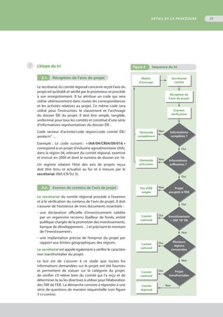 3
DÉTAIL DE LA PROCÉDURE 23
L’étape du tri
3.1.	 Réception de l’avis de projet
Le secrétariat du comité régional concerné reçoit l’avis du
projet tel qu’établi et vérifié par le promoteur et procède
à son enregistrement. Il lui attribue un code qui sera
utilisé ultérieurement dans toutes les correspondances
et les activités relatives au projet. Ce même code sera
utilisé pour l’instruction, le classement et l’archivage
du dossier ÉIE du projet. Il doit être simple, tangible,
uniformisé pour tous les comités et constitué d’une série
d’informations représentatives du dossier ÉIE :
Code secteur d’activité/code région/code comité ÉIE/
année/n° …
Exemple : Le code suivant : « IAA/04/CR04/09/016 »
correspond à un projet d’industrie agroalimentaire (IAA),
dans la région 04, relevant du comité régional, examiné
et instruit en 2009 et dont le numéro de dossier est 16.
Un registre relatant l’état des avis de projets reçus
doit être tenu et actualisé au fur et à mesure par le
secrétariat (Réf./CR/SU 3).
3.2.	 Examen du contenu de l’avis de projet
Le secrétariat du comité régional procède à l’examen
et à la vérification du contenu de l’avis de projet. Il doit
s’assurer de l’existence de trois documents essentiels :
•	 une déclaration officielle d’investissement validée
	 par un organisme reconnu (bailleur de fonds, entité
	 publique chargée de la promotion des investissements,
	 banque de développement…) et précisant le montant
	 de l’investissement ;
•	 une implantation précise de l’emprise du projet par
	 rapport aux limites géographiques des régions.
Le secrétariat est appelé également à vérifier le caractère
non transfrontalier du projet.
Le but est de s’assurer à ce stade que toutes les
informations demandées sur le projet ont été fournies
et permettent de statuer sur la catégorie du projet,
de vérifier s’il relève bien du comité qui l’a reçu et de
déterminer la ou les directives à utiliser pour l’élaboration
des TdR de l’ÉIE. La démarche consiste à répondre à une
série de questions de manière séquentielle (voir figure
3 ci-contre).
Figure 3	 Séquence du tri
Maître
d'ouvrage
Secrétariat
comité
Réception de
l'avis de projet
Examen
vérification
Informations
complètes ?
Informations
suffisantes ?
Projet
assujetti à l'ÉIE
Demande
complément
Demande
précisions
Pas d'ÉIE
exigée
Comité
national
Comité
national
Comité
régional
Investissement
 200 106
Dh
Plusieurs
régions
concernées
Projet
transfrontalier
Comité
national
Non
Non
Non
Oui
Oui
Oui
Non
Oui
Oui
Oui
Non
Non
 