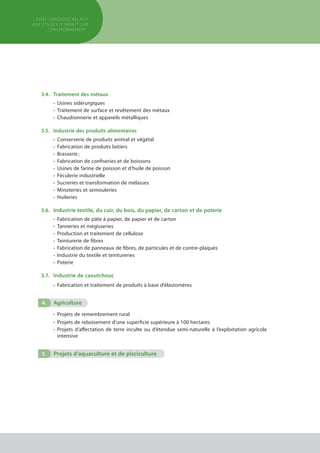 3.4.	 Traitement des métaux
•	 Usines sidérurgiques 
•	 Traitement de surface et revêtement des métaux 
•	 Chaudronnerie et appareils métalliques
3.5.	 Industrie des produits alimentaires
•	 Conserverie de produits animal et végétal 
•	 Fabrication de produits laitiers 
•	 Brasserie ;
•	 Fabrication de confiseries et de boissons 
•	 Usines de farine de poisson et d’huile de poisson 
•	 Féculerie industrielle 
•	 Sucreries et transformation de mélasses
•	 Minoteries et semouleries 
•	 Huileries
3.6.	 Industrie textile, du cuir, du bois, du papier, de carton et de poterie
•	 Fabrication de pâte à papier, de papier et de carton 
•	 Tanneries et mégisseries
•	 Production et traitement de cellulose 
•	 Teinturerie de fibres 
•	 Fabrication de panneaux de fibres, de particules et de contre-plaqués 
•	 Industrie du textile et teintureries 
•	 Poterie
3.7.	 Industrie de caoutchouc
•	 Fabrication et traitement de produits à base d’élastomères
4.	Agriculture
•	 Projets de remembrement rural 
•	 Projets de reboisement d’une superficie supérieure à 100 hectares 
•	 Projets d’affectation de terre inculte ou d’étendue semi-naturelle à l’exploitation agricole
	 intensive
5.	 Projets d’aquaculture et de pisciculture
cadre JURIDIQUE relatif
aux études d’impact Sur
l’environnement
 