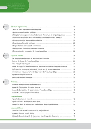 MANUEL DE LA PROCÉDURE DE
L’ENQUÊTE PUBLIQUE RELATIVE
AUX ÉTUDES D’IMPACT SUR
L’ENVIRONNEMENT
4
Détail de la procédure . . . . . . . . . . . . . . . . . . . . . . . . . . . . . . . . . . . . . . . . . . . . . . . . . . . . . . . . . . . . . . . . . . . . . . . . . . . . . . . . . . 	 19
1. Mise en place des commissions d’enquête . . . . . . . . . . . . . . . . . . . . . . . . . . . . . . . . . . . . . . . . . . . . . . . . . . . . . . . . 	 19
2. Documents de l’enquête publique . . . . . . . . . . . . . . . . . . . . . . . . . . . . . . . . . . . . . . . . . . . . . . . . . . . . . . . . . . . . . . . . . . 	 19
3. Réception et enregistrement de la demande d’ouverture de l’enquête publique . . . . . . . . . . . 	 19
4. Vérification du contenu de la demande d’ouverture de l’enquête publique . . . . . . . . . . . . . . . . . . 	 20
5. Transmission de la demande au gouverneur . . . . . . . . . . . . . . . . . . . . . . . . . . . . . . . . . . . . . . . . . . . . . . . . . . . . . . 	 20
6. Ouverture de l’enquête publique . . . . . . . . . . . . . . . . . . . . . . . . . . . . . . . . . . . . . . . . . . . . . . . . . . . . . . . . . . . . . . . . . . . 	 20
7. Préparation des travaux de la commission . . . . . . . . . . . . . . . . . . . . . . . . . . . . . . . . . . . . . . . . . . . . . . . . . . . . . . . . 	 21
8. Réunion de la commission d’enquête publique . . . . . . . . . . . . . . . . . . . . . . . . . . . . . . . . . . . . . . . . . . . . . . . . . . . 	 22
9. Transmission des conclusions de l’enquête publique . . . . . . . . . . . . . . . . . . . . . . . . . . . . . . . . . . . . . . . . . . . . 	 22
Supports utilisés . . . . . . . . . . . . . . . . . . . . . . . . . . . . . . . . . . . . . . . . . . . . . . . . . . . . . . . . . . . . . . . . . . . . . . . . . . . . . . . . . . . . . . . . . . 	 25
État nominatif des membres de la commission d’enquête . . . . . . . . . . . . . . . . . . . . . . . . . . . . . . . . . . . . . . . . . 	 25
Contenu du dossier de l’enquête publique . . . . . . . . . . . . . . . . . . . . . . . . . . . . . . . . . . . . . . . . . . . . . . . . . . . . . . . . . . . 	 26
Fiche descriptive du rapport . . . . . . . . . . . . . . . . . . . . . . . . . . . . . . . . . . . . . . . . . . . . . . . . . . . . . . . . . . . . . . . . . . . . . . . . . . . . 	 27
Format du support d’enregistrement des demandes d’ouverture d’enquête publique . . . . . . . . 	 31
Vérification du contenu de la demande d’ouverture de l’enquête publique . . . . . . . . . . . . . . . . . . . . 	 32
Informations à inclure dans l’arrêté d’ouverture de l’enquête publique . . . . . . . . . . . . . . . . . . . . . . . . . 	 33
Registre de l’enquête publique . . . . . . . . . . . . . . . . . . . . . . . . . . . . . . . . . . . . . . . . . . . . . . . . . . . . . . . . . . . . . . . . . . . . . . . . . 	 34
Rapport de l’enquête publique . . . . . . . . . . . . . . . . . . . . . . . . . . . . . . . . . . . . . . . . . . . . . . . . . . . . . . . . . . . . . . . . . . . . . . . . . 	 35
Annexes . . . . . . . . . . . . . . . . . . . . . . . . . . . . . . . . . . . . . . . . . . . . . . . . . . . . . . . . . . . . . . . . . . . . . . . . . . . . . . . . . . . . . . . . . . . . . . . . . . . . . 	 37
Annexe 1  : Composition du comité national . . . . . . . . . . . . . . . . . . . . . . . . . . . . . . . . . . . . . . . . . . . . . . . . . . . . . . . . . 	 37
Annexe 2 : Composition du comité régional . . . . . . . . . . . . . . . . . . . . . . . . . . . . . . . . . . . . . . . . . . . . . . . . . . . . . . . . . 	 39
Annexe 3 : Composition de la commission d’enquête publique . . . . . . . . . . . . . . . . . . . . . . . . . . . . . . . . . . . 	 40
Annexe 4 : Liste des projets soumis à l’ÉIE . . . . . . . . . . . . . . . . . . . . . . . . . . . . . . . . . . . . . . . . . . . . . . . . . . . . . . . . . . . . 	 41
Liste des figures
Figure 1 : Structure du manuel . . . . . . . . . . . . . . . . . . . . . . . . . . . . . . . . . . . . . . . . . . . . . . . . . . . . . . . . . . . . . . . . . . . . . . . . . 	 12
Figure 2 : Schéma et contenu du flow-chart . . . . . . . . . . . . . . . . . . . . . . . . . . . . . . . . . . . . . . . . . . . . . . . . . . . . . . . . . . 	 12
Figure 3 : Schéma récapitulatif des étapes et des délais réglementaires . . . . . . . . . . . . . . . . . . . . . . . . . 	 23
Liste des tableaux
Tableau 1 : Grille de diffusion du manuel des procédures . . . . . . . . . . . . . . . . . . . . . . . . . . . . . . . . . . . . . . . . . . 	 14
Tableau 2 : Etat des modifications . . . . . . . . . . . . . . . . . . . . . . . . . . . . . . . . . . . . . . . . . . . . . . . . . . . . . . . . . . . . . . . . . . . . . . 	 14
Tableau 3 : Exemple de grille de classement et archivage des documents . . . . . . . . . . . . . . . . . . . . . . 	 15
Partie D
Partie E
Partie C
 