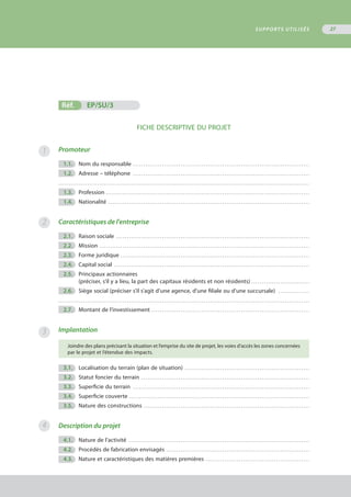 27
1
2
3
4
Réf.	 EP/SU/3
FICHE DESCRIPTIVE DU PROJET
Promoteur
	 1.1.	 Nom du responsable . . . . . . . . . . . . . . . . . . . . . . . . . . . . . . . . . . . . . . . . . . . . . . . . . . . . . . . . . . . . . . . . . . . . . . . . . . . . . . . . . . . . . 
	 1.2.	 Adresse – téléphone . . . . . . . . . . . . . . . . . . . . . . . . . . . . . . . . . . . . . . . . . . . . . . . . . . . . . . . . . . . . . . . . . . . . . . . . . . . . . . . . . . . . . 
. . . . . . . . . . . . . . . . . . . . . . . . . . . . . . . . . . . . . . . . . . . . . . . . . . . . . . . . . . . . . . . . . . . . . . . . . . . . . . . . . . . . . . . . . . . . . . . . . . . . . . . . . . . . . . . . . . . . . . . . .
	 1.3.	 Profession . . . . . . . . . . . . . . . . . . . . . . . . . . . . . . . . . . . . . . . . . . . . . . . . . . . . . . . . . . . . . . . . . . . . . . . . . . . . . . . . . . . . . . . . . . . . . . . . . . 
	 1.4.	 Nationalité . . . . . . . . . . . . . . . . . . . . . . . . . . . . . . . . . . . . . . . . . . . . . . . . . . . . . . . . . . . . . . . . . . . . . . . . . . . . . . . . . . . . . . . . . . . . . . . . . 
Caractéristiques de l'entreprise
	 2.1.	 Raison sociale . . . . . . . . . . . . . . . . . . . . . . . . . . . . . . . . . . . . . . . . . . . . . . . . . . . . . . . . . . . . . . . . . . . . . . . . . . . . . . . . . . . . . . . . . . . . . 
	 2.2.	 Mission . . . . . . . . . . . . . . . . . . . . . . . . . . . . . . . . . . . . . . . . . . . . . . . . . . . . . . . . . . . . . . . . . . . . . . . . . . . . . . . . . . . . . . . . . . . . . . . . . . . . . 
	 2.3.	 Forme juridique . . . . . . . . . . . . . . . . . . . . . . . . . . . . . . . . . . . . . . . . . . . . . . . . . . . . . . . . . . . . . . . . . . . . . . . . . . . . . . . . . . . . . . . . . . . 
	 2.4.	 Capital social . . . . . . . . . . . . . . . . . . . . . . . . . . . . . . . . . . . . . . . . . . . . . . . . . . . . . . . . . . . . . . . . . . . . . . . . . . . . . . . . . . . . . . . . . . . . . . 
	 2.5.	 Principaux actionnaires
		 (préciser, s’il y a lieu, la part des capitaux résidents et non résidents) . . . . . . . . . . . . . . . . . . . . . . . . . . . .
	 2.6.	 Siège social (préciser s’il s’agit d’une agence, d'une filiale ou d'une succursale) . . . . . . . . . . . . . . . 
. . . . . . . . . . . . . . . . . . . . . . . . . . . . . . . . . . . . . . . . . . . . . . . . . . . . . . . . . . . . . . . . . . . . . . . . . . . . . . . . . . . . . . . . . . . . . . . . . . . . . . . . . . . . . . . . . . . . . . . . .
	 2.7.	 Montant de l’investissement . . . . . . . . . . . . . . . . . . . . . . . . . . . . . . . . . . . . . . . . . . . . . . . . . . . . . . . . . . . . . . . . . . . . . . . . . . . . 
Implantation
Joindre des plans précisant la situation et l’emprise du site de projet, les voies d’accès les zones concernées
par le projet et l’étendue des impacts.
	 3.1.	 Localisation du terrain (plan de situation) . . . . . . . . . . . . . . . . . . . . . . . . . . . . . . . . . . . . . . . . . . . . . . . . . . . . . . . . . . . . 
	 3.2.	 Statut foncier du terrain . . . . . . . . . . . . . . . . . . . . . . . . . . . . . . . . . . . . . . . . . . . . . . . . . . . . . . . . . . . . . . . . . . . . . . . . . . . . . . . . . 
	 3.3.	 Superficie du terrain . . . . . . . . . . . . . . . . . . . . . . . . . . . . . . . . . . . . . . . . . . . . . . . . . . . . . . . . . . . . . . . . . . . . . . . . . . . . . . . . . . . . . 
	 3.4.	 Superficie couverte . . . . . . . . . . . . . . . . . . . . . . . . . . . . . . . . . . . . . . . . . . . . . . . . . . . . . . . . . . . . . . . . . . . . . . . . . . . . . . . . . . . . . . .
	 3.5.	 Nature des constructions . . . . . . . . . . . . . . . . . . . . . . . . . . . . . . . . . . . . . . . . . . . . . . . . . . . . . . . . . . . . . . . . . . . . . . . . . . . . . . . . 
Description du projet
	 4.1.	 Nature de l’activité . . . . . . . . . . . . . . . . . . . . . . . . . . . . . . . . . . . . . . . . . . . . . . . . . . . . . . . . . . . . . . . . . . . . . . . . . . . . . . . . . . . . . . . 
	 4.2.	 Procédés de fabrication envisagés . . . . . . . . . . . . . . . . . . . . . . . . . . . . . . . . . . . . . . . . . . . . . . . . . . . . . . . . . . . . . . . . . . . . . 
	 4.3.	 Nature et caractéristiques des matières premières . . . . . . . . . . . . . . . . . . . . . . . . . . . . . . . . . . . . . . . . . . . . . . . . . . 
SUPPORTS UTILISÉS
 