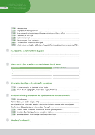 MANUEL DE LA PROCÉDURE DE
L’ENQUÊTE PUBLIQUE RELATIVE
AUX ÉTUDES D’IMPACT SUR
L’ENVIRONNEMENT
28
5
6
7
8
9
	 4.4.	 Energie utilisée . . . . . . . . . . . . . . . . . . . . . . . . . . . . . . . . . . . . . . . . . . . . . . . . . . . . . . . . . . . . . . . . . . . . . . . . . . . . . . . . . . . . . . . . . . . 
	 4.5.	 Origine des matières premières . . . . . . . . . . . . . . . . . . . . . . . . . . . . . . . . . . . . . . . . . . . . . . . . . . . . . . . . . . . . . . . . . . . . . . . . 
	 4.6.	 Nature, caractéristiques et quantité des produits intermédiaires et finis . . . . . . . . . . . . . . . . . . . . . . . . 
	 4.7.	 Conditions de stockage . . . . . . . . . . . . . . . . . . . . . . . . . . . . . . . . . . . . . . . . . . . . . . . . . . . . . . . . . . . . . . . . . . . . . . . . . . . . . . . . . 
	 4.8.	 Equipements requis . . . . . . . . . . . . . . . . . . . . . . . . . . . . . . . . . . . . . . . . . . . . . . . . . . . . . . . . . . . . . . . . . . . . . . . . . . . . . . . . . . . . . . 
	 4.9.	 Consommation d’eau envisagée . . . . . . . . . . . . . . . . . . . . . . . . . . . . . . . . . . . . . . . . . . . . . . . . . . . . . . . . . . . . . . . . . . . . . . . 
	4.10.	 Consommation d’électricité envisagée . . . . . . . . . . . . . . . . . . . . . . . . . . . . . . . . . . . . . . . . . . . . . . . . . . . . . . . . . . . . . . . . 
	4.11.	 Infrastructures envisagées (adduction d’eau potable, réseau d’assainissement, voiries, VRD) . . 
Composantes complémentaires du projet
. . . . . . . . . . . . . . . . . . . . . . . . . . . . . . . . . . . . . . . . . . . . . . . . . . . . . . . . . . . . . . . . . . . . . . . . . . . . . . . . . . . . . . . . . . . . . . . . . . . . . . . . . . . . . . . . . . . . . . . . .
. . . . . . . . . . . . . . . . . . . . . . . . . . . . . . . . . . . . . . . . . . . . . . . . . . . . . . . . . . . . . . . . . . . . . . . . . . . . . . . . . . . . . . . . . . . . . . . . . . . . . . . . . . . . . . . . . . . . . . . . .
. . . . . . . . . . . . . . . . . . . . . . . . . . . . . . . . . . . . . . . . . . . . . . . . . . . . . . . . . . . . . . . . . . . . . . . . . . . . . . . . . . . . . . . . . . . . . . . . . . . . . . . . . . . . . . . . . . . . . . . . .
Composantes dont la réalisation est échelonnée dans le temps
Composante Année de réalisation
1. . . . . . . . . . . . . . . . . . . . . . . . . . . . . . . . . . . . . . . . . . . . . . . . . . . . . . . . . . . . . . . . . . . . . . . . . . . .
2. . . . . . . . . . . . . . . . . . . . . . . . . . . . . . . . . . . . . . . . . . . . . . . . . . . . . . . . . . . . . . . . . . . . . . . . . . . .
Description du milieu et des principales contraintes
	 7.1.	 Occupation du sol au voisinage du site projet . . . . . . . . . . . . . . . . . . . . . . . . . . . . . . . . . . . . . . . . . . . . . . . . . . . . . . . 
	 7.2.	 Nature du sol, topographie, niveau de la nappe phréatique . . . . . . . . . . . . . . . . . . . . . . . . . . . . . . . . . . . . . . 
Caractérisation et quantification des rejets sur le milieu naturel et humain
	 8.1.	 Rejets liquides . . . . . . . . . . . . . . . . . . . . . . . . . . . . . . . . . . . . . . . . . . . . . . . . . . . . . . . . . . . . . . . . . . . . . . . . . . . . . . . . . . . . . . . . . . . . 
Volume d’eau usée rejetée par jour (m3
/j) . . . . . . . . . . . . . . . . . . . . . . . . . . . . . . . . . . . . . . . . . . . . . . . . . . . . . . . . . . . . . . . . . . . . . . 
Caractérisation des eaux usées rejetées (composition physico-chimique et bactériologique) . . . . . . . . . 
Quel système d’épuration ou de traitement est-il prévu ? . . . . . . . . . . . . . . . . . . . . . . . . . . . . . . . . . . . . . . . . . . . . . . . . . . . 
	 8.2.	 Déchets solides (quels sont le volume et le mode gestion prévus ?) . . . . . . . . . . . . . . . . . . . . . . . . . . . . . 
	 8.3.	 Émissions dans l’air (gaz, fumées, poussières, etc.) . . . . . . . . . . . . . . . . . . . . . . . . . . . . . . . . . . . . . . . . . . . . . . . . . . 
	 8.4.	 Nuisances sonores (bruit) et olfactives (mauvaises odeurs) . . . . . . . . . . . . . . . . . . . . . . . . . . . . . . . . . . . . . . . . 
Nombre d'emplois créés
. . . . . . . . . . . . . . . . . . . . . . . . . . . . . . . . . . . . . . . . . . . . . . . . . . . . . . . . . . . . . . . . . . . . . . . . . . . . . . . . . . . . . . . . . . . . . . . . . . . . . . . . . . . . . . . . . . . . . . . . .
 