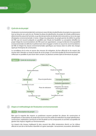 GUIDE MÉTHODOLOGIQUE
GÉNÉRAL POUR L'ÉVALUATION
DES ÉTUDES D'IMPACT SUR
L'ENVIRONNEMENT
12
Cycle de vie du projet
L’évaluation environnementale doit commencer assez tôt dans la planification du projet et se poursuivre
tout au long de son cycle de vie. Pendant la phase de planification du projet, les études préliminaires
déterminent la nature de l'activité, ce qui devrait permettre de décider de la nécessité ou non et du type
d’évaluation environnementale à mener. L’étape de préparation du projet permet de définir la portée
de l’ÉIE, qui est souvent préparée en parallèle avec l’étude de faisabilité. La conception détaillée du
projet intègre les recommandations de l’ÉIE avant son approbation. Lorsque la décision d’acceptabilité
environnementale est délivrée, le pétitionnaire doit s’engager à mettre en œuvre les recommandations
de l’ÉIE et intégrer les clauses environnementales spécifiques aux travaux dans le cahier des charges
signé par l’entreprise de construction.
La surveillance de la mise en œuvre des mesures de mitigation, de leur efficacité et du respect des
normes doit s'étendre sur toute la durée de vie du projet. Le suivi de la qualité de l’environnement doit
s’effectuer en parallèle et peut durer dans certains cas plusieurs années après la fermeture du projet.
2
Figure 2	 Cycle de vie de projet
Intégration des clauses
environnementales
Etude préliminaire
Surveillance et suivi
Fermeture
Identification Conception détailléePhase de planification
Phase de réalisation
Evaluation/Approbation
Travaux
Surveillance et suivi
Etude de faisabilité
Etude d'impact
Surveillance et suivi
Préparation
Exploitation
3 Etapes et méthodologie de l’évaluation environnementale
3.1.	 Description du projet
Bien que la majorité des impacts se produisent souvent pendant les phases de construction et
d’exploitation, la description du projet doit couvrir tous les stades de réalisation du projet (planification,
construction, exploitation, fermeture) et être focalisée sur les composantes et activités susceptibles de
générer des impacts négatifs sur l’environnement.
Les impacts des travaux impliquent le plus souvent des effets temporaires directs sur les milieux
affectés et sont de ce fait faciles à identifier et à gérer (exemples : terrassement, excavation, démolition).
 