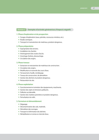 Annexe 2	 Exemples d’activités génératrices d’impacts négatifs
1. Phase d’exploration et de prospection
◆	 Forages d’exploration (eaux, pétroles, ressources minières, etc.).
◆	 Études sismiques.
◆	 Transport et manutention de matériaux, produits dangereux.
2. Phase préparatoire
◆	 Expropriation des terrains.
◆	 Installation du chantier.
◆	 Aménagement des routes d’accès.
◆	 Arrachage d’arbres, dessouchage.
◆	 Circulation des engins.
3. Phase travaux
◆	 Extraction et manutention de matériaux de construction.
◆	 Circulation des engins.
◆	 Modification et traversée des cours d’eau.
◆	 Terrassement, fouille, remblayage.
◆	 Travaux de construction, de démolition.
◆	 Gestion des déchets et produits dangereux.
◆	 Restauration du site.
4. Phase exploitation
◆	 Fonctionnement et entretien des équipements, machinerie.
◆	 Gestion des rejets et émissions polluants.
◆	 Pollution accidentelle.
◆	 Gestion des matières premières et produits dangereux.
◆	 Perturbation du trafic.
5. Fermeture et démantèlement
◆	 Dégazage.
◆	 Décontamination des sols, matériels.
◆	 Démolition des ouvrages.
◆	 Transport et élimination des déchets.
◆	 Réhabilitation et remise en état des lieux.
ANNEXES 47
 
