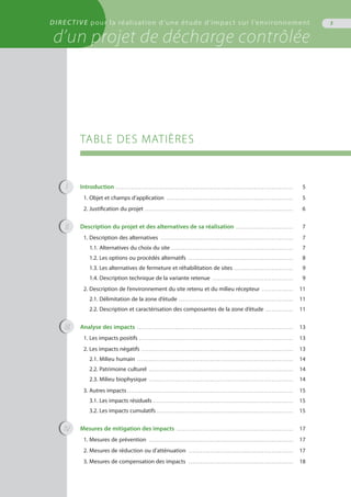 TABLE DES MATIÈRES
Introduction . . . . . . . . . . . . . . . . . . . . . . . . . . . . . . . . . . . . . . . . . . . . . . . . . . . . . . . . . . . . . . . . . . . . . . . . . . . . . . . . . . . . . . . . . . .	 5
1. Objet et champs d’application . . . . . . . . . . . . . . . . . . . . . . . . . . . . . . . . . . . . . . . . . . . . . . . . . . . . . . . . . . . . . . . . .	 5
2. Justification du projet . . . . . . . . . . . . . . . . . . . . . . . . . . . . . . . . . . . . . . . . . . . . . . . . . . . . . . . . . . . . . . . . . . . . . . . . . . . .	 6
Description du projet et des alternatives de sa réalisation . . . . . . . . . . . . . . . . . . . . . . . . . . . . . .	 7
1. Description des alternatives . . . . . . . . . . . . . . . . . . . . . . . . . . . . . . . . . . . . . . . . . . . . . . . . . . . . . . . . . . . . . . . . . . . .	 7
1.1. Alternatives du choix du site . . . . . . . . . . . . . . . . . . . . . . . . . . . . . . . . . . . . . . . . . . . . . . . . . . . . . . . . . . . . . . 	 7
1.2. Les options ou procédés alternatifs . . . . . . . . . . . . . . . . . . . . . . . . . . . . . . . . . . . . . . . . . . . . . . . . . . . . . .	 8
1.3. Les alternatives de fermeture et réhabilitation de sites . . . . . . . . . . . . . . . . . . . . . . . . . . . . . . .	 9
1.4. Description technique de la variante retenue . . . . . . . . . . . . . . . . . . . . . . . . . . . . . . . . . . . . . . . . . .	 9
2. Description de l’environnement du site retenu et du milieu récepteur . . . . . . . . . . . . . . . . .	 11
2.1. Délimitation de la zone d’étude . . . . . . . . . . . . . . . . . . . . . . . . . . . . . . . . . . . . . . . . . . . . . . . . . . . . . . . . . . .	 11
2.2. Description et caractérisation des composantes de la zone d’étude . . . . . . . . . . . . . . .	 11
Analyse des impacts . . . . . . . . . . . . . . . . . . . . . . . . . . . . . . . . . . . . . . . . . . . . . . . . . . . . . . . . . . . . . . . . . . . . . . . . . . . . . . . .	 13
1. Les impacts positifs . . . . . . . . . . . . . . . . . . . . . . . . . . . . . . . . . . . . . . . . . . . . . . . . . . . . . . . . . . . . . . . . . . . . . . . . . . . . . . .	 13
2. Les impacts négatifs . . . . . . . . . . . . . . . . . . . . . . . . . . . . . . . . . . . . . . . . . . . . . . . . . . . . . . . . . . . . . . . . . . . . . . . . . . . . . .	 13
2.1. Milieu humain . . . . . . . . . . . . . . . . . . . . . . . . . . . . . . . . . . . . . . . . . . . . . . . . . . . . . . . . . . . . . . . . . . . . . . . . . . . . . . . .	 14
2.2. Patrimoine culturel . . . . . . . . . . . . . . . . . . . . . . . . . . . . . . . . . . . . . . . . . . . . . . . . . . . . . . . . . . . . . . . . . . . . . . . . . .	 14
2.3. Milieu biophysique . . . . . . . . . . . . . . . . . . . . . . . . . . . . . . . . . . . . . . . . . . . . . . . . . . . . . . . . . . . . . . . . . . . . . . . . . .	 14
3. Autres impacts . . . . . . . . . . . . . . . . . . . . . . . . . . . . . . . . . . . . . . . . . . . . . . . . . . . . . . . . . . . . . . . . . . . . . . . . . . . . . . . . . . . . 	 15
3.1. Les impacts résiduels . . . . . . . . . . . . . . . . . . . . . . . . . . . . . . . . . . . . . . . . . . . . . . . . . . . . . . . . . . . . . . . . . . . . . . . .	 15
3.2. Les impacts cumulatifs . . . . . . . . . . . . . . . . . . . . . . . . . . . . . . . . . . . . . . . . . . . . . . . . . . . . . . . . . . . . . . . . . . . . . .	 15
Mesures de mitigation des impacts . . . . . . . . . . . . . . . . . . . . . . . . . . . . . . . . . . . . . . . . . . . . . . . . . . . . . . . . . . . .	 17
1. Mesures de prévention . . . . . . . . . . . . . . . . . . . . . . . . . . . . . . . . . . . . . . . . . . . . . . . . . . . . . . . . . . . . . . . . . . . . . . . . . .	 17
2. Mesures de réduction ou d’atténuation . . . . . . . . . . . . . . . . . . . . . . . . . . . . . . . . . . . . . . . . . . . . . . . . . . . . . .	 17
3. Mesures de compensation des impacts . . . . . . . . . . . . . . . . . . . . . . . . . . . . . . . . . . . . . . . . . . . . . . . . . . . . . .	 18
I
II
III
IV
DIRECTIVE pour la réalisation d’une étude d’impact sur l’environnement
d’un projet de décharge contrôlée
3
 