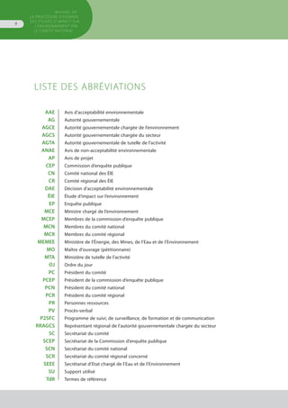 LISTE DES ABRÉVIATIONS
	 AAE	 Avis d’acceptabilité environnementale	
	 AG	 Autorité gouvernementale 	
	 AGCE	 Autorité gouvernementale chargée de l’environnement
	 AGCS	 Autorité gouvernementale chargée du secteur	
	 AGTA	 Autorité gouvernementale de tutelle de l’activité	
	 ANAE	 Avis de non-acceptabilité environnementale	
	 AP	 Avis de projet	
	 CEP	 Commission d’enquête publique	
	 CN	 Comité national des ÉIE	
	 CR	 Comité régional des ÉIE	
	 DAE	 Décision d’acceptabilité environnementale	
	 ÉIE	 Étude d’impact sur l’environnement	
	 EP	 Enquête publique	
	 MCE	 Ministre chargé de l’environnement	
	 MCEP	 Membres de la commission d’enquête publique	
	 MCN	 Membres du comité national	
	 MCR	 Membres du comité régional	
	 MEMEE	 Ministère de l’Énergie, des Mines, de l’Eau et de l’Environnement	
	 MO	 Maître d'ouvrage (pétitionnaire)	
	 MTA	 Ministère de tutelle de l’activité
	 OJ	 Ordre du jour	
	 PC	 Président du comité	
	 PCEP	 Président de la commission d’enquête publique	
	 PCN	 Président du comité national	
	 PCR	 Président du comité régional	
	 PR	 Personnes ressources
	 PV	 Procès-verbal
	 P2SFC	 Programme de suivi, de surveillance, de formation et de communication	
	RRAGCS	 Représentant régional de l’autorité gouvernementale chargée du secteur	
	 SC	 Secrétariat du comité	
	 SCEP	 Secrétariat de la Commission d’enquête publique	
	 SCN	 Secrétariat du comité national	
	 SCR	 Secrétariat du comité régional concerné	
	 SEEE	 Secrétariat d’Etat chargé de l’Eau et de l’Environnement	
	 SU	 Support utilisé	
	 TdR	 Termes de référence	
MANUEL DE
LA PROCÉDURE D’EXAMEN
DES ÉTUDES D’IMPACT SUR
L’ENVIRONNEMENT par
le comitÉ national
6
 