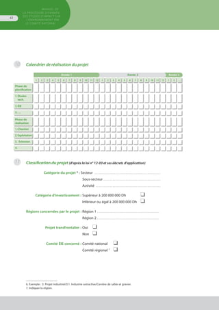MANUEL DE
LA PROCÉDURE D’EXAMEN
DES ÉTUDES D’IMPACT SUR
L’ENVIRONNEMENT par
le comitÉ national
42
Calendrier de réalisation du projet
Année 1 Année 2 Année n
1 2 3 4 5 6 7 8 9 10 11 12 1 2 3 4 5 6 7 8 9 10 11 12 1 2 …
Phase de
planification
1.	Études
	 tech.
2.	ÉIE
3. …
Phase de
réalisation
1.	Chantier
2.	Exploitation
3.	 Extension
4.	
10
11 Classification du projet (d’après la loi n° 12-03 et ses décrets d’application)
	 Catégorie du projet 6
:	Secteur . . . . . . . . . . . . . . . . . . . . . . . . . . . . . . . . . . . . . . . . . . . . . . . . . . . 
		Sous-secteur . . . . . . . . . . . . . . . . . . . . . . . . . . . . . . . . . . . . . . . . . . . . 
		Activité . . . . . . . . . . . . . . . . . . . . . . . . . . . . . . . . . . . . . . . . . . . . . . . . . . 
	 Catégorie d’investissement : 	Supérieur à 200 000 000 Dh 	 ❑
		Inférieur ou égal à 200 000 000 Dh	 ❑
	Régions concernées par le projet :	Région 1 . . . . . . . . . . . . . . . . . . . . . . . . . . . . . . . . . . . . . . . . . . . . . . . . .
		Région 2 . . . . . . . . . . . . . . . . . . . . . . . . . . . . . . . . . . . . . . . . . . . . . . . . .
	 Projet transfrontalier :	Oui 	 ❑
		Non	 ❑
	 Comité ÉIE concerné :	Comité national 	 ❑
		Comité régional 7
	 ❑
6. Exemple : 3. Projet industriel/3.1. Industrie extractive/Carrière de sable et gravier.
7. Indiquer la région.
 
