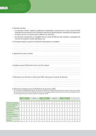 MANUEL DE
LA PROCÉDURE D’EXAMEN
DES ÉTUDES D’IMPACT SUR
L’ENVIRONNEMENT par
le comitÉ national
44
◆	Données de base
•	 Les données, études, rapports, publications disponibles, notamment en ce qui concerne l’état
	 initial de l’environnement et son évolution (préciser les administrations, institutions et organismes
	 et autres sources à contacter pour collecter ces données).
•	 Les données manquantes à compléter dans le cadre de l’ÉIE par des enquêtes, campagnes de
	 mesures et analyses, études spécifiques, etc.
◆	Principaux impacts, aspects et questions importantes à considérer
	 . . . . . . . . . . . . . . . . . . . . . . . . . . . . . . . . . . . . . . . . . . . . . . . . . . . . . . . . . . . . . . . . . . . . . . . . . . . . . . . . . . . . . . . . . . . . . . . . . . . . . . . . . . . . . . . . . . . . .
	 . . . . . . . . . . . . . . . . . . . . . . . . . . . . . . . . . . . . . . . . . . . . . . . . . . . . . . . . . . . . . . . . . . . . . . . . . . . . . . . . . . . . . . . . . . . . . . . . . . . . . . . . . . . . . . . . . . . . .
	 . . . . . . . . . . . . . . . . . . . . . . . . . . . . . . . . . . . . . . . . . . . . . . . . . . . . . . . . . . . . . . . . . . . . . . . . . . . . . . . . . . . . . . . . . . . . . . . . . . . . . . . . . . . . . . . . . . . . .
	 . . . . . . . . . . . . . . . . . . . . . . . . . . . . . . . . . . . . . . . . . . . . . . . . . . . . . . . . . . . . . . . . . . . . . . . . . . . . . . . . . . . . . . . . . . . . . . . . . . . . . . . . . . . . . . . . . . . . .
◆	Approche et outils à utiliser
	 . . . . . . . . . . . . . . . . . . . . . . . . . . . . . . . . . . . . . . . . . . . . . . . . . . . . . . . . . . . . . . . . . . . . . . . . . . . . . . . . . . . . . . . . . . . . . . . . . . . . . . . . . . . . . . . . . . . . .
	 . . . . . . . . . . . . . . . . . . . . . . . . . . . . . . . . . . . . . . . . . . . . . . . . . . . . . . . . . . . . . . . . . . . . . . . . . . . . . . . . . . . . . . . . . . . . . . . . . . . . . . . . . . . . . . . . . . . . .
	 . . . . . . . . . . . . . . . . . . . . . . . . . . . . . . . . . . . . . . . . . . . . . . . . . . . . . . . . . . . . . . . . . . . . . . . . . . . . . . . . . . . . . . . . . . . . . . . . . . . . . . . . . . . . . . . . . . . . .
	 . . . . . . . . . . . . . . . . . . . . . . . . . . . . . . . . . . . . . . . . . . . . . . . . . . . . . . . . . . . . . . . . . . . . . . . . . . . . . . . . . . . . . . . . . . . . . . . . . . . . . . . . . . . . . . . . . . . . .
◆	Exigences pour l’atténuation et le suivi des impacts
	 . . . . . . . . . . . . . . . . . . . . . . . . . . . . . . . . . . . . . . . . . . . . . . . . . . . . . . . . . . . . . . . . . . . . . . . . . . . . . . . . . . . . . . . . . . . . . . . . . . . . . . . . . . . . . . . . . . . . .
	 . . . . . . . . . . . . . . . . . . . . . . . . . . . . . . . . . . . . . . . . . . . . . . . . . . . . . . . . . . . . . . . . . . . . . . . . . . . . . . . . . . . . . . . . . . . . . . . . . . . . . . . . . . . . . . . . . . . . .
	 . . . . . . . . . . . . . . . . . . . . . . . . . . . . . . . . . . . . . . . . . . . . . . . . . . . . . . . . . . . . . . . . . . . . . . . . . . . . . . . . . . . . . . . . . . . . . . . . . . . . . . . . . . . . . . . . . . . . .
	 . . . . . . . . . . . . . . . . . . . . . . . . . . . . . . . . . . . . . . . . . . . . . . . . . . . . . . . . . . . . . . . . . . . . . . . . . . . . . . . . . . . . . . . . . . . . . . . . . . . . . . . . . . . . . . . . . . . . .
◆	Informations et données à inclure dans l’ÉIE, nécessaires à la prise de décision
	 . . . . . . . . . . . . . . . . . . . . . . . . . . . . . . . . . . . . . . . . . . . . . . . . . . . . . . . . . . . . . . . . . . . . . . . . . . . . . . . . . . . . . . . . . . . . . . . . . . . . . . . . . . . . . . . . . . . . .
	 . . . . . . . . . . . . . . . . . . . . . . . . . . . . . . . . . . . . . . . . . . . . . . . . . . . . . . . . . . . . . . . . . . . . . . . . . . . . . . . . . . . . . . . . . . . . . . . . . . . . . . . . . . . . . . . . . . . . .
	 . . . . . . . . . . . . . . . . . . . . . . . . . . . . . . . . . . . . . . . . . . . . . . . . . . . . . . . . . . . . . . . . . . . . . . . . . . . . . . . . . . . . . . . . . . . . . . . . . . . . . . . . . . . . . . . . . . . . .
	 . . . . . . . . . . . . . . . . . . . . . . . . . . . . . . . . . . . . . . . . . . . . . . . . . . . . . . . . . . . . . . . . . . . . . . . . . . . . . . . . . . . . . . . . . . . . . . . . . . . . . . . . . . . . . . . . . . . . .
◆	Planning et exigences pour la finalisation du processus d’ÉIE
(Les échéanciers des différentes phases du processus d’examen de l’ÉIE étant fixés dans les textes en vigueur, les dates
de transmission de l’ÉIE et de la demande d’ouverture de l’enquête publique devraient être avancées par le pétitionnaire.
Le secrétariat pourrait ainsi mieux répartir la charge de travail.)
Mois 1 Mois 2 Mois 3 Mois 4 Mois 5 …
1 2 3 4 5 6 7 8 9 10 11 12 1 2 3 4 5 6 7 8 … … … …
Réunion de cadrage
Remise de l’ÉIE par
le pétitionnaire
Demande d’ouverture
de l’enquête
Résultats de
l’enquête publique
Examen de l’ÉIE par
le comité
Décision
													
												
 