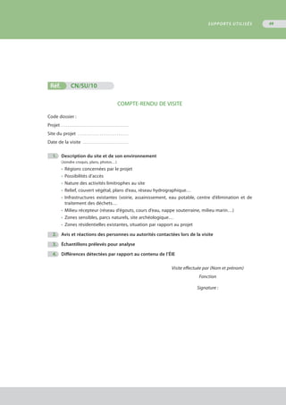 Réf.	 CN/SU/10
COMPTE-RENDU DE VISITE
Code dossier :
Projet . . . . . . . . . . . . . . . . . . . . . . . . . . . . . . . . . . . . . . . . .
Site du projet . . . . . . . . . . . . . . . . . . . . . . . . . . . . . . .
Date de la visite . . . . . . . . . . . . . . . . . . . . . . . . . . . .
	 1.	 Description du site et de son environnement
		 (Joindre croquis, plans, photos…)
•	 Régions concernées par le projet
•	 Possibilités d’accès
•	 Nature des activités limitrophes au site
•	 Relief, couvert végétal, plans d’eau, réseau hydrographique…
•	 Infrastructures existantes (voirie, assainissement, eau potable, centre d’élimination et de
	 traitement des déchets…
•	 Milieu récepteur (réseau d’égouts, cours d’eau, nappe souterraine, milieu marin…)
•	 Zones sensibles, parcs naturels, site archéologique…
•	 Zones résidentielles existantes, situation par rapport au projet
	 2.	 Avis et réactions des personnes ou autorités contactées lors de la visite
	 3.	 Échantillons prélevés pour analyse
	 4.	 Différences détectées par rapport au contenu de l’ÉIE
Visite effectuée par (Nom et prénom)
Fonction
Signature :
SUPPORTS UTILISÉS 49
 