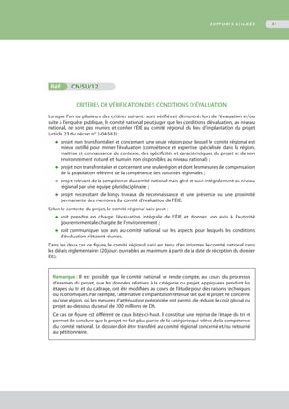 Réf.	 CN/SU/12
CRITÈRES DE VÉRIFICATION DES CONDITIONS D’ÉVALUATION
Lorsque l’un ou plusieurs des critères suivants sont vérifiés et démontrés lors de l’évaluation et/ou
suite à l’enquête publique, le comité national peut juger que les conditions d’évaluation, au niveau
national, ne sont pas réunies et confier l’ÉIE au comité régional du lieu d’implantation du projet
(article 23 du décret n° 2-04-563) :
◆	 projet non transfrontalier et concernant une seule région pour lequel le comité régional est
	 mieux outillé pour mener l’évaluation (compétence et expertise spécialisée dans la région,
	 maîtrise et connaissance du contexte, des spécificités et caractéristiques du projet et de son
	 environnement naturel et humain non disponibles au niveau national) ;
◆	 projet non transfrontalier et concernant une seule région et dont les mesures de compensation
	 de la population relèvent de la compétence des autorités régionales ;
◆	 projet relevant de la compétence du comité national mais géré et suivi intégralement au niveau
	 régional par une équipe pluridisciplinaire ;
◆	 projet nécessitant de longs travaux de reconnaissance et une présence ou une proximité
	 permanente des membres du comité d’évaluation de l’ÉIE.
Selon le contexte du projet, le comité régional saisi peut :
◆	 soit prendre en charge l’évaluation intégrale de l’ÉIE et donner son avis à l’autorité
	 gouvernementale chargée de l’environnement ;
◆	 soit communiquer son avis au comité national sur les aspects pour lesquels les conditions
	 d’évaluation n’étaient réunies.
Dans les deux cas de figure, le comité régional saisi est tenu d’en informer le comité national dans
les délais réglementaires (20 jours ouvrables au maximum à partir de la date de réception du dossier
ÉIE).
Remarque : Il est possible que le comité national se rende compte, au cours du processus
d’examen du projet, que les données relatives à la catégorie du projet, appliquées pendant les
étapes du tri et du cadrage, ont été modifiées au cours de l’étude pour des raisons techniques
ou économiques. Par exemple, l’alternative d’implantation retenue fait que le projet ne concerne
qu’une région, où les mesures d’atténuation préconisée ont permis de réduire le coût global du
projet au-dessous du seuil de 200 millions de Dh.
Ce cas de figure est différent de ceux listés ci-haut. Il constitue une reprise de l’étape du tri et
permet de conclure que le projet ne fait plus partie de la catégorie qui relève de la compétence
du comité national. Le dossier doit être transféré au comité régional concerné et/ou retourné
au pétitionnaire.
SUPPORTS UTILISÉS 51
 
