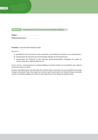 MANUEL DE
LA PROCÉDURE D’EXAMEN
DES ÉTUDES D’IMPACT SUR
L’ENVIRONNEMENT par
le comitÉ national
68
Annexe 3	 Composition de la commission d’enquête publique
Région : . . . . . . . . . . . . . . . . . . . . . . . . . . . . . . . . . . . . .
Préfecture/province : . . . . . . . . . . . . . . . . . . . . .
Président : Autorité administrative locale
Membres :	
a.	 président(s) de la commune ou des communes concernées par le projet ou son représentant ;
b.	 représentant de l’autorité gouvernementale chargée de l’environnement ;
c.	 représentant de l’autorité ou des autorités gouvernementale(s) chargée(s) du projet au
	 niveau national ou régional selon le cas.
Autres invités : toute personne ou entité publique ou privée invitée par le président pour aider la
commission dans sa tâche ;
En plus, le président peut, à la demande des membres de la commission et si les spécificités du projet
l'exigent, demander l'avis d'un expert sur certains aspects particuliers de l'étude d'impact du projet
soumis à l'enquête publique (le coût de cette expertise est à la charge du pétitionnaire).
 
