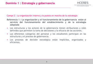 5
Dominio 1 : Estrategia y gobernancia
Campo 2 : La organización interna y la puesta en marcha de la estrategia
Referencia 1 : La organización y el funcionamiento de la gobernancia están al
servicio del funcionamiento del establecimiento y de la estrategia
adoptada
• Las estructuras y los actores de la gobernancia tienen atribuciones y roles
definidos que permiten la toma de decisiones y la eficacia de las acciones.
• Las diferentes categorías del personal y los estudiantes participan en las
estructuras y el proceso de gobernancia.
• Los procesos de decisión estratégica están implícitos, organizados y
eficientes.
 