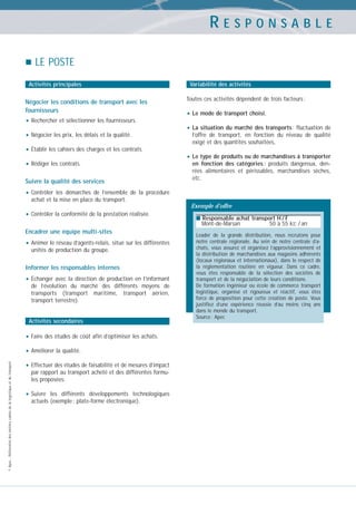 RESPONSABLE
LE POSTE
Activités principales

Négocier les conditions de transport avec les
fournisseurs

• Rechercher et sélectionner les fournisseurs.
• Négocier les prix, les délais et la qualité.
• Établir les cahiers des charges et les contrats.
• Rédiger les contrats.
Suivre la qualité des services

Variabilité des activités
Toutes ces activités dépendent de trois facteurs :

• Le mode de transport choisi,
• La situation du marché des transports : fluctuation de
l’offre de transport, en fonction du niveau de qualité
exigé et des quantités souhaitées,

• Le type de produits ou de marchandises à transporter
en fonction des catégories : produits dangereux, denrées alimentaires et périssables, marchandises sèches,
etc.

• Contrôler

les démarches de l’ensemble de la procédure
achat et la mise en place du transport.
Exemple d’offre

• Contrôler la conformité de la prestation réalisée.

■ Responsable achat transport H / F

Mont-de-Marsan

Encadrer une équipe multi-sites

• Animer le réseau d’agents-relais, situé sur les différentes
unités de production du groupe.

Informer les responsables internes

• Échanger

avec la direction de production en l’informant
de l’évolution du marché des différents moyens de
transports (transport maritime, transport aérien,
transport terrestre).

Activités secondaires

• Faire des études de coût afin d’optimiser les achats.

© Apec - Référentiel des métiers cadres de la logistique et du transport

• Améliorer la qualité.
• Effectuer des études de faisabilité et de mesures d’impact
par rapport au transport acheté et des différentes formules proposées.

• Suivre

les différents développements technologiques
actuels (exemple : plate-forme électronique).

50 à 55 kE / an

Leader de la grande distribution, nous recrutons pour
notre centrale régionale. Au sein de notre centrale d’achats, vous assurez et organisez l’approvisionnement et
la distribution de marchandises aux magasins adhérents
(locaux régionaux et internationaux), dans le respect de
la réglementation routière en vigueur. Dans ce cadre,
vous êtes responsable de la sélection des sociétés de
transport et de la négociation de leurs conditions.
De formation ingénieur ou école de commerce transport
logistique, organisé et rigoureux et réactif, vous êtes
force de proposition pour cette création de poste. Vous
justifiez d’une expérience réussie d’au moins cinq ans
dans le monde du transport.
Source : Apec

 