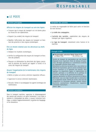 RESPONSABLE
LE POSTE
Activités principales

Affecter les moyens de transport au sein des lignes

• S’assurer que le moyen de transport est à la bonne place
au niveau de son exploitation.

• Acquérir (ou vendre) des moyens de transport.
• Modifier

l’affectation des moyens de transport en fonction des priorités et des enjeux économiques.

Variabilité des activités
Le métier de responsable de flotte peut varier en fonction
de trois facteurs :

• La taille des compagnies,
• L’activité

des sociétés : exploitation des moyens de
transport par lignes régulières,

• Le

type de transport, notamment entre l’aérien et le
maritime.

Être en étroite relation avec les directeurs ou chefs
de ligne

• Analyser les résultats économiques.
• Vérifier la configuration des moyens de transport en fonction des produits.

• Pourvoir en information les directions des lignes concernant la position du marché par rapport à l’achat et la
vente des moyens de transport.

Assurer l’organisation de la maintenance des moyens
de transport

• Mettre en place un service entretien réparation efficace.
• Superviser le service entretien maintenance.
• Recruter, former et accompagner les agents techniques de
maintenance.

© Apec - Référentiel des métiers cadres de la logistique et du transport

Activités secondaires
Dans le transport maritime, superviser le shipmanagement
des navires qui consiste à en gérer l’armement, c’est-à-dire à
nommer le commandant du navire, à assurer l’entretien technique, y compris l’approvisionnement, la gestion de l’équipage,
et les assurances.

Exemple d’offre
■ Responsable entretien flotte Seine H / F

Le Havre (76)

45 à 55 kE / an

Société de transport de marchandises par voie fluviale
disposant d’une importante flotte de bateaux 28 pousseurs, 80 barges spécialisées et 7 automoteurs recherche
un responsable entretien flotte Seine.
Rattaché(e) au directeur du bassin Seine, vous animez un
effectif de 10 personnes, gérez le service technique local,
assurez l’entretien et la réparation des bateaux. Vous
appliquez les dispositions légales et réglementaires de
sécurité, participez à la définition de la politique de
rénovation, d’achat ou de construction de bateaux.
Ingénieur généraliste ou Officier mécanicien de la Marine
Marchande, vous avez déjà travaillé dans la construction
ou la réparation navale. Homme de terrain, vous avez des
compétences en mécanique générale, moteurs diesels,
électricité, automatismes, chaudronnerie, tuyauterie,
commandes hydrauliques.
Source : Apec

 