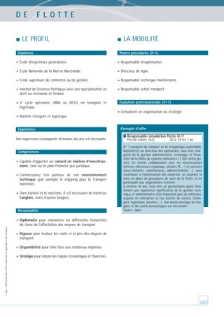 DE

FLOTTE

LE PROFIL
Diplômes

LA MOBILITÉ
Postes précédents (P-1)

• École d’ingénieurs généralistes

• Responsable d’exploitation

• École Nationale de la Marine Marchande

• Directeur de ligne

• École supérieure de commerce ou de gestion

• Responsable technique maintenance

• Institut de Sciences Politiques avec une spécialisation en

• Responsable achat transport

droit ou économie et finance

•3

e

cycle spécialisé (MBA ou DESS) en transport et
logistique

• Mastère transport et logistique
Expérience
Une expérience conséquente d’environ dix ans est nécessaire.

Compétences

• Capable d’apporter un conseil en matière d’investissement, tant sur le plan financier que juridique.

• Connaissance

très pointue de son environnement
technique (par exemple le shipping pour le transport
maritime).

• Dans l’aérien et le maritime, il est nécessaire de maîtriser
l’anglais, voire d’autres langues.

Personnalité

Évolution professionnelle (P+1)

• Consultant en organisation ou stratégie

Exemple d’offre
■ Responsable simulation flotte H / F

Pas-de-Calais (62)

30 à 34 kE / an

N° 1 européen du transport et de la logistique automobile.
Rattaché(e) au directeur des opérations, vous êtes chargé(e) de la gestion administrative, technique et financière de la flotte de « portes véhicules » (1 200 cartes grises). En étroite collaboration avec les interlocuteurs
internes (directeurs régionaux, ateliers PL…) et externes
(sous-traitants, constructeurs, administrations…), vous
contribuez à l’optimisation des matériels, en assurant la
mise en place de procédures de suivi de la flotte et en
participant aux négociations d’achats.
A environ 30 ans, vous êtes un gestionnaire ayant idéalement une expérience significative de la gestion technique et administrative d’un important parc de véhicules,
acquise en entreprise et / ou société de service (transport, logistique, location…). Une bonne pratique de l’anglais et des outils bureautiques est nécessaire.
Source : Apec

• Diplomatie
© Apec - Référentiel des métiers cadres de la logistique et du transport

pour convaincre les différentes hiérarchies
du choix de l’affectation des moyens de transport.

• Rigueur pour évaluer les coûts et le prix des moyens de
transport.

• Disponibilité pour faire face aux nombreux imprévus.
• Stratégie pour réduire les risques économiques et financiers.

105

 