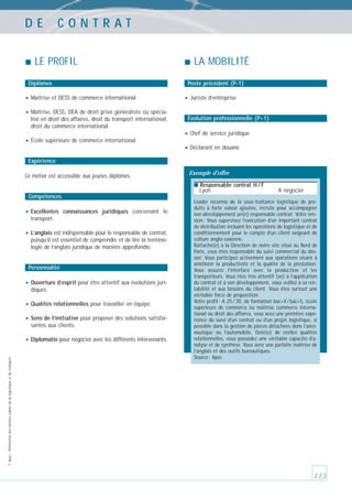 DE

CONTRAT

LE PROFIL
Diplômes

LA MOBILITÉ
Poste précédent (P-1)

• Maîtrise et DESS de commerce international
• Maîtrise, DESS, DEA de droit privé généraliste ou spécialisé en droit des affaires, droit du transport international,
droit du commerce international

• École supérieure de commerce international

• Juriste d’entreprise
Évolution professionnelle (P+1)

• Chef de service juridique
• Déclarant en douane

Expérience
Ce métier est accessible aux jeunes diplômés.

Exemple d’offre
■ Responsable contrat H / F

Lyon

Compétences

• Excellentes

connaissances juridiques concernant le

transport.

• L’anglais est indispensable pour le responsable de contrat,
puisqu’il est essentiel de comprendre et de lire la terminologie de l’anglais juridique de manière approfondie.

Personnalité

• Ouverture d’esprit pour être attentif aux évolutions juridiques.

• Qualités relationnelles pour travailler en équipe.
• Sens de l’initiative pour proposer des solutions satisfaisantes aux clients.

© Apec - Référentiel des métiers cadres de la logistique et du transport

• Diplomatie pour négocier avec les différents intervenants.

A négocier

Leader reconnu de la sous-traitance logistique de produits à forte valeur ajoutée, recrute pour accompagner
son développement un(e) responsable contrat. Votre mission : Vous supervisez l’exécution d’un important contrat
de distribution incluant les opérations de logistique et de
conditionnement pour le compte d’un client exigeant de
culture anglo-saxonne.
Rattaché(e) à la Direction de notre site situé au Nord de
Paris, vous êtes responsable du suivi commercial du dossier. Vous participez activement aux opérations visant à
améliorer la productivité et la qualité de la prestation.
Vous assurez l’interface avec la production et les
transporteurs. Vous êtes très attentif (ve) à l’application
du contrat et à son développement, vous veillez à sa rentabilité et aux besoins du client. Vous êtes surtout une
véritable force de proposition.
Votre profil : A 25 / 30, de formation bac+4 / bac+5, école
supérieure de commerce ou maîtrise commerce international ou droit des affaires, vous avez une première expérience du suivi d’un contrat ou d’un projet logistique, si
possible dans la gestion de pièces détachées dons l’aéronautique ou l’automobile. Doté(e) de réelles qualités
relationnelles, vous possédez une véritable capacité d’analyse et de synthèse. Vous avez une parfaite maîtrise de
l’anglais et des outils bureautiques.
Source : Apec

115

 