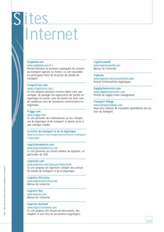 S ites
Internet
Cargohub.com
www.cargohub.com/fr /
Portail business to business regroupant les acteurs
du transport opérant en France, ce site rassemble
les principaux titres de la presse du monde du
transport.
E-logisticien.com
www.e-logisticien.com /
Ce site propose plusieurs services dont celui, par
exemple, de partager les expériences de terrain en
logistique ou encore celui de fournir les liens vers
de nombreux sites de formations universitaires en
logistique.
Fraggo.com
www.fraggo.com
Ce site présente des informations sur les entreprises de logistique et de transport et donne accès à
une rubrique emploi.

Logisticsworld
www.logisticsworld.com
Moteur de recherche
Lognews
www.lognews.info/presentation.php
Portail d’informations logistiques
Supplychaincenter.com
www.supplychaincenter.com
Portail du supply chain management
Transport Village
www.transportvillage.com
Vous êtes informé de l’actualité quotidienne du secteur du transport.

La lettre du transport et de la logistique
www.lesechos.fr/lettrespro/presentation/transport
/ intro.htm

© Apec - Référentiel des métiers cadres de la logistique et du transport

Logicielsindustrie.com
www.logicielsindustrie.com
Ce site présente un certain nombre de logiciels, en
particulier de SCM.
Logiroute.com
www.logiroute.com/francais/index.html
Ce site propose un répertoire complet des acteurs
du monde du transport et de la logistique.
Logistics Directory
www.logisticsdirectory.com
Moteur de recherche
Logistics Net
www.logistics.net
Moteur de recherche
Logistics Network
www.logisticsnetwork.com
Ce site propose des forums de discussions, des
emplois et une liste de prestataires logistiques.

121

 
