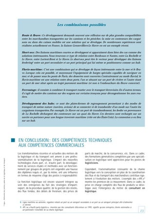 Les combinaisons possibles
Route & fleuve : Ce développement demande souvent une réflexion sur de plus grandes compatibilités
entre les marchandises transportées sur les camions et les péniches : la mise en conteneurs des cargaisons ou dans des caisses mobiles est une solution qui se développe. De nombreuses expériences sont
réalisées actuellement en France, la liaison Gennevilliers-Le Havre en est un exemple récent.
Short-sea : Des liaisons maritimes courtes se développent et apparaissent dans bien des cas comme des
solutions intéressantes. Nous trouvons ce type de relation entre Bordeaux et Nantes, entre La Rochelle et
Le Havre, entre Lorient-Brest et Le Havre. Le short-sea peut être le vecteur pour développer des liaisons
feedering8 entre un port secondaire et un port principal qui lui même se positionnera comme un hub.
Fluvio-maritime : C’est une combinaison qui se développe de façon intéressante entre la mer et le fleuve. Lorsque cela est possible, et moyennant l’équipement de barges spéciales capables de naviguer en
mer, et de passer sous les ponts de Paris, des dessertes sont couvertes. Contrairement au mode fluvial, le
fluvio-maritime est une relation entre deux ports, l’un se situant sur un port de rivière et l’autre étant
un port de mer situé après un trajet purement maritime (et non à l’embouchure du fleuve concerné).
Ferroutage : il consiste à combiner le transport routier avec le transport ferroviaire. En d’autres termes,
il s’agit de mettre des camions sur des wagons sur certains tronçons pour décongestionner les axes routiers.
Développement des hubs : ce sont des plates-formes de regroupement permettant à des modes de
transport de même nature (navires, avions) de se connecter et de transborder d’un mode sur l’autre les
cargaisons transportées. Par exemple, Le Havre est un port de transbordement, les feeder en provenance
de La Rochelle déchargent des conteneurs sur un quai du Havre. Ces derniers sont rechargés sur un
navire en partance pour une longue traversée maritime (côte est des États-Unis). La connexion a eu lieu
sur un hub.

© Apec - Référentiel des métiers cadres de la logistique et du transport

EN CONCLUSION : DES COMPÉTENCES TECHNIQUES
AUX COMPÉTENCES COMMERCIALES
Les transformations récentes et actuelles des métiers de
la logistique et du transport ont amené à une professionnalisation de la logistique. L’impact des nouvelles
technologies d’une part, et, d’autre part, le développement de services études et méthodes avec un fonctionnement par groupes de projets ont engendré une hausse
des diplômes requis et, par là même, ont une influence
en termes de moyenne d’âge des postes à responsabilité.
La fonction logistique est encore souvent intégrée au
sein des entreprises du fait des stratégies d’importexport, de la procédure qualité, de la gestion des stocks,
des flux tendus, des délais de livraison, des prises de

parts de marché, de la concurrence, etc. Dans ce cadre,
des formations généralistes complétées par une spécialisation en logistique sont appréciées pour les postes de
logisticiens.
Cependant, l’externalisation croissante de la chaîne
logistique vers la conception en plus de la coordination
des flux et du transport des marchandises contribue également à l’évolution des métiers. L’exemple des « 4PL »9
montre les prémices de ce mouvement. Dans ce cadre, la
prise en charge complète des flux de produits se développe avec l’émergence du métier de consultant en
logistique.

8. Ligne maritime ou aérienne, régulière reliant un port ou un aéroport secondaire à un port ou un aéroport principal afin d’alimenter
ce dernier.
9. 4PL ou « fourth party logistics », inventée par des consultants d’Accenture en 1995, signifie qu’une entreprise cliente externalise à
un partenaire l’ensemble de sa chaîne logistique.

15

 