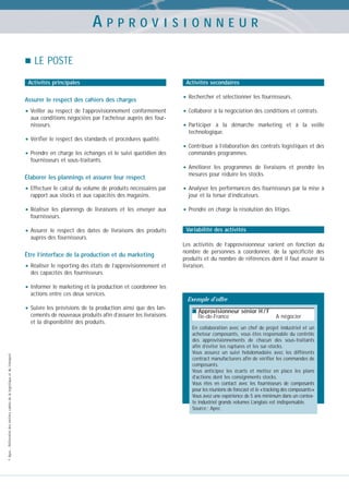 APPROVISIONNEUR
LE POSTE
Activités principales

Activités secondaires

Assurer le respect des cahiers des charges

• Rechercher et sélectionner les fournisseurs.

• Veiller

• Collaborer à la négociation des conditions et contrats.

au respect de l’approvisionnement conformément
aux conditions négociées par l’acheteur auprès des fournisseurs.

• Vérifier le respect des standards et procédures qualité.
• Prendre en charge les échanges et le suivi quotidien des

• Participer

à la démarche marketing et à la veille
technologique.

• Contribuer à l’élaboration des contrats logistiques et des
commandes programmes.

fournisseurs et sous-traitants.

• Améliorer
Élaborer les plannings et assurer leur respect

• Effectuer le calcul du volume de produits nécessaires par
rapport aux stocks et aux capacités des magasins.

• Réaliser

les plannings de livraisons et les envoyer aux
fournisseurs.

• Assurer

le respect des dates de livraisons des produits
auprès des fournisseurs.

Être l’interface de la production et du marketing

• Réaliser le reporting des états de l’approvisionnement et

les programmes de livraisons et prendre les
mesures pour réduire les stocks.

• Analyser les performances des fournisseurs par la mise à
jour et la tenue d’indicateurs.

• Prendre en charge la résolution des litiges.
Variabilité des activités
Les activités de l’approvisionneur varient en fonction du
nombre de personnes à coordonner, de la spécificité des
produits et du nombre de références dont il faut assurer la
livraison.

des capacités des fournisseurs.

• Informer le marketing et la production et coordonner les
actions entre ces deux services.
Exemple d’offre

• Suivre les prévisions de la production ainsi que des lan-

© Apec - Référentiel des métiers cadres de la logistique et du transport

cements de nouveaux produits afin d’assurer les livraisons
et la disponibilité des produits.

■ Approvisionneur sénior H / F

Île-de-France

A négocier

En collaboration avec un chef de projet industriel et un
acheteur composants, vous êtes responsable du contrôle
des approvisionnements de chacun des sous-traitants
afin d’éviter les ruptures et les sur-stocks.
Vous assurez un suivi hebdomadaire avec les différents
contract manufacturers afin de vérifier les commandes de
composants.
Vous anticipez les écarts et mettez en place les plans
d’actions dont les consignments stocks.
Vous êtes en contact avec les fournisseurs de composants
pour les réunions de forecast et le «tracking des composants»
Vous avez une expérience de 5 ans minimum dans un contexte industriel grands volumes L’anglais est indispensable.
Source : Apec

 