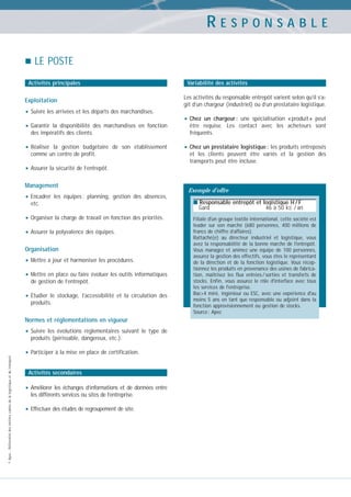 RESPONSABLE
LE POSTE
Activités principales

Exploitation

• Suivre les arrivées et les départs des marchandises.
• Garantir

la disponibilité des marchandises en fonction
des impératifs des clients.

• Réaliser

la gestion budgétaire de son établissement
comme un centre de profit.

Variabilité des activités
Les activités du responsable entrepôt varient selon qu’il s’agit d’un chargeur (industriel) ou d’un prestataire logistique.

• Chez

un chargeur : une spécialisation « produit » peut
être requise. Les contact avec les acheteurs sont
fréquents.

• Chez un prestataire logistique : les produits entreposés
et les clients peuvent être variés et la gestion des
transports peut être incluse.

• Assurer la sécurité de l’entrepôt.
Management

• Encadrer
etc.

• Organiser la charge de travail en fonction des priorités.
• Assurer la polyvalence des équipes.
Organisation

• Mettre à jour et harmoniser les procédures.
• Mettre en place ou faire évoluer les outils informatiques
de gestion de l’entrepôt.

• Étudier

le stockage, l’accessibilité et la circulation des
produits.

Normes et réglementations en vigueur

• Suivre

les évolutions réglementaires suivant le type de
produits (périssable, dangereux, etc.).

© Apec - Référentiel des métiers cadres de la logistique et du transport

Exemple d’offre

les équipes : planning, gestion des absences,

• Participer à la mise en place de certification.
Activités secondaires

• Améliorer les échanges d’informations et de données entre
les différents services ou sites de l’entreprise.

• Effectuer des études de regroupement de site.

■ Responsable entrepôt et logistique H / F

Gard

46 à 50 kE / an

Filiale d'un groupe textile international, cette société est
leader sur son marché (680 personnes, 400 millions de
francs de chiffre d’affaires).
Rattaché(e) au directeur industriel et logistique, vous
avez la responsabilité de la bonne marche de l'entrepôt.
Vous managez et animez une équipe de 100 personnes,
assurez la gestion des effectifs, vous êtes le représentant
de la direction et de la fonction logistique. Vous réceptionnez les produits en provenance des usines de fabrication, maîtrisez les flux entrées / sorties et transferts de
stocks. Enfin, vous assurez le rôle d'interface avec tous
les services de l'entreprise.
Bac+4 mini, ingénieur ou ESC, avec une expérience d'au
moins 5 ans en tant que responsable ou adjoint dans la
fonction approvisionnement ou gestion de stocks.
Source : Apec

 