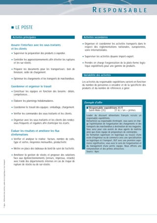 RESPONSABLE
LE POSTE
Activités principales

Assurer l’interface avec les sous-traitants
et les clients

• Superviser la préparation des produits à expédier.
• Contrôler les approvisionnements afin d’éviter les ruptures
et les sur-stocks.

Activités secondaires

• Organiser

et coordonner les activités transports dans le
respect des réglementations nationales, européennes,
voire internationales.

• Superviser les activités douane import-export.
• Prendre en charge l’organisation de la plate-forme logistique expéditions pour une gamme de produits.

• Préparer

les documents pour les transporteurs : bon de
livraison, ordre de chargement.
Variabilité des activités

• Optimiser les chargements et les transports de marchandises.
Coordonner et organiser le travail

Les activités du responsable expéditions varient en fonction
du nombre de personnes à encadrer et de la spécificité des
produits et du nombre de références à gérer.

• Constituer

les équipes en fonction des besoins : délais,
compétences…

• Élaborer les plannings hebdomadaires.
• Coordonner le travail des équipes : emballage, chargement.
• Vérifier les commandes des sous-traitants et les clients.
• Organiser avec les sous-traitants et les clients des rendezvous fréquents et réguliers afin d’anticiper les écarts.

Évaluer les résultats et améliorer les flux
d’informations

• Vérifier

et analyser le réalisé : facture, nombre de colis,
type et sortes, moyennes mensuelles, productivité.

• Mettre en place des tableaux de bord de suivi de l’activité.

© Apec - Référentiel des métiers cadres de la logistique et du transport

• Améliorer

la gestion de stocks et proposer des solutions
face aux dysfonctionnements (erreurs, imprévus, retards)
avec l’aide des départements internes en cas de risque de
rupture de stocks ou de sur-stocks.

Exemple d’offre
■ Responsable expéditions H / F

Saint-Malo (35)

31 kE / an + primes

Leader du discount alimentaire français recrute un
responsable expéditions.
Rattaché(e) au responsable d’entrepôt, vous aurez en charge l’optimisation de l’organisation des chargements et des
transports des marchandises à destination de nos magasins.
Vous serez pour cela assisté de deux agents de maîtrise
ainsi que d’une équipe de préparateurs de commandes.
De formation supérieure en logistique ou issu(e) d’une
école d’ingénieur ou de commerce avec une spécialisation
en logistique et / transport, DUT avec une première expérience significative, vous avez le sens de l’organisation et
du management d’une petite équipe. Nous offrons une
rémunération et des primes attractives.
Source : Apec

 