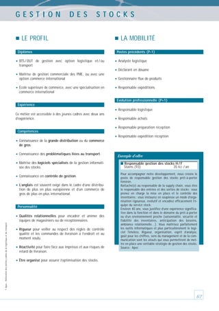 GESTION

DES

STOCKS

LE PROFIL
Diplômes

• BTS / DUT

LA MOBILITÉ
Postes précédents (P-1)

de gestion avec option logistique et / ou

• Analyste logistique

transport

• Maîtrise

de gestion commerciale des PME, ou avec une
option commerce international

• École supérieure de commerce, avec une spécialisation en

• Déclarant en douane
• Gestionnaire flux de produits
• Responsable expéditions

commerce international
Évolution professionnelle (P+1)
Expérience

• Responsable logistique
Ce métier est accessible à des jeunes cadres avec deux ans
d’expérience.

Compétences

• Connaissance de la grande distribution ou du commerce

• Responsable achats
• Responsable préparation réception
• Responsable expédition réception

de gros.

• Connaissance des problématiques liées au transport.
• Maîtrise des logiciels spécialisés de la gestion informatisée des stocks.

• Connaissance en contrôle de gestion.
• L’anglais est souvent exigé dans le cadre d’une distribution de plus en plus européenne et d’un commerce de
gros de plus en plus international.

Personnalité

• Qualités
© Apec - Référentiel des métiers cadres de la logistique et du transport

relationnelles pour encadrer et animer des
équipes de magasiniers ou de réceptionnaires.

• Rigueur

pour veiller au respect des règles de contrôle
qualité et les commandes de livraison à l’endroit et au
moment voulu.

• Réactivité pour faire face aux imprévus et aux risques de

Exemple d’offre
■ Responsable gestion des stocks H / F

Stains (93)

35 kE / an

Pour accompagner notre développement, nous créons le
poste de responsable gestion des stocks prêt-à-porter
féminin.
Rattaché(e) au responsable de la supply chain, vous êtes
le responsable des entrées et des sorties de stocks ; vous
prenez en charge la mise en place et le contrôle des
inventaires ; vous instaurez en souplesse un mode d’organisation rigoureux, évolutif et encadrez efficacement l’équipe du service stock.
Environ 40 ans, vous justifiez d’une expérience significative dans la fonction et dans le domaine du prêt-à-porter
ou d’un environnement proche (saisonnalité, sécurité et
fiabilité des inventaires, anticipation des besoins,
ambiance relationnelle…). Vous maîtrisez parfaitement
les outils informatiques et plus particulièrement le logiciel Timeless. Rigueur, organisation, esprit d’analyse,
goût pour les chiffres, sens du management et de la communication sont les atouts qui vous permettront de mettre en place une véritable stratégie de gestion des stocks.
Source : Apec

retard de livraison.

• Être organisé pour assurer l’optimisation des stocks.

67

 