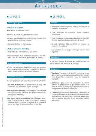 AFFRÉTEUR
LE POSTE
Activités principales

Prospecter et négocier

• Rechercher de nouveaux clients.
• Prendre en charge les commandes des clients.
• Assurer

les négociations entre le donneur d’ordre et le
propriétaire du moyen de transport.

• Conseiller l’offreur et le demandeur.
Effectuer une veille marketing

• Rechercher des informations sur son marché.
• Se

tenir informé de la fluctuation des prix sur ses marchés (coût de l’affrètement, prix du baril de pétrole).

Activités secondaires

• Suivre

l’accord qui est d’abord technique, puis juridique
dans la mesure où les opérations sont de plus en plus complexes compte tenu des normes internationales.

LE PROFIL
Diplômes

• Maîtrise en sciences de gestion, sciences économiques ou
commerce international.

• École

supérieure de commerce, option commerce
international.

• École d’ingénieurs en transport et logistique de type ISEL
(Institut Supérieur d’Études Logistiques du Havre).

•3

e

cycle spécialisé (MBA ou DESS) en transport ou
commerce international.

• Les

formations et / ou stages à l’étranger sont un atout
important.

Expérience
Il est assez fréquent de recruter des jeunes diplômés, en
particulier dans une entreprise de courtage.

Compétences

• Juridiques : connaissance du droit des sociétés, du secteur
Variabilité des activités

des transports au niveau international (exemple : changement de pavillon – nationalité – pour les moyens de
transport).

Plusieurs paramètres font varier les activités de l’affréteur :

• Le mode de transport : les opérations de courtage sont
différentes, notamment sur le plan technique ;

• La cargaison transportée : l’affréteur peut faire un choix

© Apec - Référentiel des métiers cadres de la logistique et du transport

en cours de carrière (exemple : des produits pétroliers ou
des produits dangereux) ;

• Le

type d’entreprise employeur de l’affréteur : armateur (le propriétaire du moyen de transport), chargeur
(donneur d’ordre, acheteur ou vendeur de la cargaison)
ou au sein d’une structure spécialisée en courtage.

• Techniques :

pour suivre et comprendre un contrat
détaillé, en particulier en ce qui concerne l’achat et la
vente de moyens de transport (ou d’avions) d’occasion, ou
la négociation de constructions neuves.

• L’anglais doit être maîtrisé parfaitement compte tenu de
l’aspect international de la plupart des marchés qui concernent l’affréteur. La maîtrise d’une troisième langue (voire
plus) est souvent appréciée, surtout sur certains marchés
spécialisés.

 