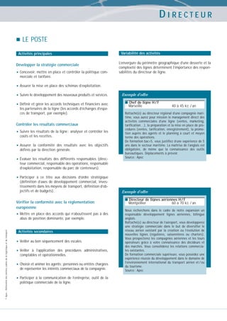 DIRECTEUR
LE POSTE
Activités principales

Développer la stratégie commerciale

• Concevoir, mettre en place et contrôler la politique com-

Variabilité des activités
L’envergure du périmètre géographique d’une desserte et la
complexité des lignes déterminent l’importance des responsabilités du directeur de ligne.

merciale et tarifaire.

• Assurer la mise en place des schémas d’exploitation.
• Suivre le développement des nouveaux produits et services.
• Définir et gérer les accords techniques et financiers avec
les partenaires de la ligne (les accords d’échanges d’espaces de transport, par exemple).

Contrôler les résultats commerciaux

• Suivre les résultats de la ligne : analyser et contrôler les
coûts et les recettes.

• Assurer

la conformité des résultats avec les objectifs
définis par la direction générale.

• Évaluer

les résultats des différents responsables (directeur commercial, responsable des opérations, responsable
d’exploitation, responsable du parc de conteneurs).

Exemple d’offre
■ Chef de ligne H / F

Marseille

40 à 45 kE / an

Rattaché(e) au directeur régional d’une compagnie maritime, vous aurez pour mission le management direct des
activités commerciales d’une ligne (ventes, marketing,
tarification…), la préparation et la mise en place de procédures (ventes, tarification, enregistrement), la promotion auprès des agents et le planning à court et moyen
terme des opérations.
De formation bac+5, vous justifiez d’une expérience de 5
ans dans le secteur maritime. La maîtrise de l’anglais est
obligatoire, de même que la connaissance des outils
bureautiques. Déplacements à prévoir.
Source : Apec

• Participer

à ce titre aux décisions d’ordre stratégique
(définition d’axes de développement commercial, investissements dans les moyens de transport, définition d’objectifs et de budgets).

Vérifier la conformité avec la réglementation
européenne

• Mettre en place des accords qui n’aboutissent pas à des

© Apec - Référentiel des métiers cadres de la logistique et du transport

abus de position dominante, par exemple.

Activités secondaires

• Veiller au bon séquencement des escales.
• Veiller

à l’application des procédures administratives,
comptables et opérationnelles.

• Choisir et animer les agents: personnes ou entités chargées
de représenter les intérêts commerciaux de la compagnie.

• Participer

à la communication de l’entreprise, outil de la
politique commerciale de la ligne.

Exemple d’offre
■ Directeur de lignes aériennes H / F

Montpellier

60 à 70 kE / an

Nous recherchons dans le cadre de notre expansion un
responsable développement lignes aériennes, bilingue
anglais.
Rattaché(e) au directeur de l’aéroport, vous développerez
une stratégie commerciale dans le but de diversifier le
réseau aérien existant par la création ou l’évolution de
nouvelles lignes (régulières, saisonnières ou charters).
Vous prospecterez les compagnies aériennes et les tours
opérateurs grâce à votre connaissance des décideurs et
des marchés. Vous consoliderez les relations commerciales existantes.
De formation commerciale supérieure, vous possédez une
expérience réussie du développement dans le domaine de
l’environnement international du transport aérien et / ou
du tourisme.
Source : Apec

 