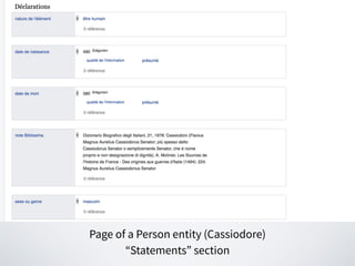Page of a Person entity (Cassiodore)
“Identifiers” section : alignments and links to source databases
 
