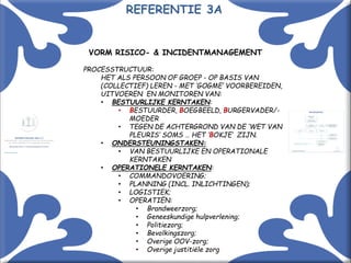 Met kennis(sen) kennis maken! 9
VORM RISICO- & INCIDENTMANAGEMENT
PROCESSTRUCTUUR:
HET ALS PERSOON OF GROEP - OP BASIS VAN
(COLLECTIEF) LEREN - MET ‘GOGME’ VOORBEREIDEN,
UITVOEREN EN MONITOREN VAN:
• BESTUURLIJKE KERNTAKEN:
• BESTUURDER, BOEGBEELD, BURGERVADER/-
MOEDER
• TEGEN DE ACHTERGROND VAN DE ‘WET VAN
PLEURIS’ SOMS … HET ‘BOKJE’ ZIJN.
• ONDERSTEUNINGSTAKEN:
• VAN BESTUURLIJKE EN OPERATIONALE
KERNTAKEN
• OPERATIONELE KERNTAKEN:
• COMMANDOVOERING;
• PLANNING (INCL. INLICHTINGEN);
• LOGISTIEK;
• OPERATIËN:
• Brandweerzorg;
• Geneeskundige hulpverlening;
• Politiezorg;
• Bevolkingszorg;
• Overige OOV-zorg;
• Overige justitiële zorg
REFERENTIE 3A
 