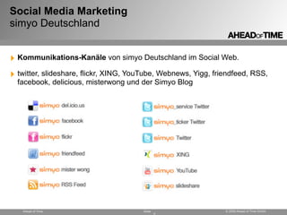 Social Media Marketing
simyo Deutschland


‣ Kommunikations-Kanäle von simyo Deutschland im Social Web.
‣ twitter, slideshare, flickr, XING, YouTube, Webnews, Yigg, friendfeed, RSS,
  facebook, delicious, misterwong und der Simyo Blog




   Ahead of Time                       Seite                    © 2009 Ahead of Time GmbH
 