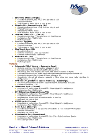 Mnet srl – Mynet Internet Solutions Copyright© Mnet s.r.l. 1995-2012
——————————————————————————————————————————————————————————————————
Via Imre Nagy, 7 - 46100 Mantova E-mail: info@mynet.it - www.mynet.it
Tel. 0376 263639 - Fax. 0376 269304 P.I. e CF 01762150207 – C.C.I.A.A. 180021
 ISTITUTO SALESIANO (So)
Connettività Internet, rete MPLS, fonia per tutte le sedi
VPN/VoIP intersede
VoIP attraverso Mynet Voicer in tutte le sedi
 Nausika SRL- Gruppo Cranchi (So)
Connettività Internet, rete MPLS, fonia per tutte le sedi
VPN/VoIP intersede
Integrazione sistema meteo
VoIP attraverso Mynet Voicer in tutte le sedi
 TECKMAN DI MILIVINTI IVAN (So)
Connettività ridondata FTTH/radio/rame c/o Head Quarter
Realizzazione Rete MPLS Privata
VoIP in ogni sede
 Tecnofar Spa(SO)
Connettività Internet, rete MPLS, fonia per tutte le sedi
VPN/VoIP intersede
VoIP attraverso Mynet Voicer in tutte le sedi
 Mas Weart S.r.l. (MI)
Connettività Internet
Gestione sistemistica LAN e apparati attivi
Gestione Domini di Posta Elettronica
 PONZINI S.p.A. (MI)
Connettività ridondata FTTH/radio/rame c/o Head Quarter
Realizzazione Rete MPLS Privata
VoIP in ogni sede
VENETO
 Interporto ZAI di Verona – Quadrante Servizi
Gestione condivisa rete in fibra ottica ed apparati attivi
Sicurezza informatica con tecnologia Mynet SecuraDSL
Hot-backup della fibra ottica su rete HiperLAN2, altresì realizzata da Mynet
Raccolta punto-multipunto HiperLAN2 di vari clienti dell’interporto posti fuori dalla ZAI
Progetto convergente Service-over-IP (voce e fonia su IP)
Connettività Internet ad altissima capacità in fibra ottica con ponte radio ridondata in
configurazione (1+1) x2
 Orthofix s.r.l. (leader nel settore medicale) (Bussolengo)
Link HiperLan2 con fail-over ISDN e trasporto VoIP H.323 con QoS avanzato
Connettività Internet FTTH
 Intercomp S.p.A. (Verona)
Progettazione, realizzazione Accesso FTTH (Fibra Ottica) c/o Head Quarter
Realizzazione Rete MPLS Privata
 UFI Filters Spa (Nogarole Rocca VR)
Progettazione, realizzazione Accesso FTTH (Fibra Ottica) c/o Head Quarter
Realizzazione Rete MPLS Privata
Progettazione, realizzazione Accesso IP XHDSL di back-up
Fonia VoIP per tutte le Sedi
 PiDiGi S.p.A. (Verona)
Progettazione, realizzazione Accesso FTTH (Fibra Ottica) c/o Head Quarter
Realizzazione Rete MPLS Privata
 Samo S.p.A. (Bonavigo)
Connettività simmetrica al alta capacità ridondata tra le varie sedi con VPN magliate
Gestione VPN dedicate
Fonia VoIP per tutte le Sedi
 Cablotecnica S.r.l. (Bussolengo)
Progettazione, realizzazione Accesso FTTH/ULL (Fibra Ottica) c/o Head Quarter
Realizzazione Rete MPLS Privata
Fonia VoIP per tutte le Sedi
 