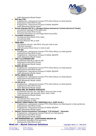 Mnet srl – Mynet Internet Solutions Copyright© Mnet s.r.l. 1995-2012
——————————————————————————————————————————————————————————————————
Via Imre Nagy, 7 - 46100 Mantova E-mail: info@mynet.it - www.mynet.it
Tel. 0376 263639 - Fax. 0376 269304 P.I. e CF 01762150207 – C.C.I.A.A. 180021
VoIP attraverso Mynet Voicer
 RSP Spa (TN)
Progettazione, realizzazione Accesso FTTH (Fibra Ottica) c/o Head Quarter
Realizzazione Rete MPLS Privata
Progettazione, realizzazione Accesso IP SHDSL BIS/EFM
VoIP attraverso Mynet Voicer
 Servizi Imprese CAF S.r.l. (Gruppo Unione Commercio Turismo Servizi di Trento)
Connettività ridondata FTTH/radio/rame
Realizzazione Rete MPLS Privata
Sicurezza informatica con tecnologia Mynet SecuraDSL
 Tecnodata Trentina S.r.l.
Connettività Fibra Ottica FTTH/ HDSL
Connettività ADSL
Servizio MyVoicer PRI su VoIP
 TEXA SPA
Connettività Internet, rete MPLS, fonia per tutte le sedi
VPN/VoIP intersede
VoIP attraverso Mynet Voicer in tutte le sedi
 SICOR Spa
Progettazione, realizzazione Accesso FTTH (Fibra Ottica) c/o Head Quarter
Realizzazione Rete MPLS Privata
Progettazione, realizzazione Accesso IP SHDSL BIS/EFM
VoIP attraverso Mynet Voicer
 CSB F.LLI STRAUDI SPA
Connettività Internet in tutte le sedi
Realizzazione Rete MPLS Privata
VoIP attraverso Mynet Voicer
 SIDERA BZ SRL
Progettazione, realizzazione Accesso FTTH (Fibra Ottica) c/o Head Quarter
Realizzazione Rete MPLS Privata
Progettazione, realizzazione Accesso IP SHDSL BIS/EFM
VoIP attraverso Mynet Voicer
 HOTEL ERIKA G.M.B.H.
Progettazione, realizzazione Accesso FTTH (Fibra Ottica) c/o Head Quarter
Realizzazione Rete MPLS Privata
VoIP attraverso Mynet Voicer
 LA VIS S.C.A.
Progettazione, realizzazione Accesso FTTH (Fibra Ottica) c/o Head Quarter
Realizzazione Rete MPLS Privata
VoIP attraverso Mynet Voicer
 MARCO SRL DI MARCO ZUCCATTI
Connettività Internet, ULL, rete MPLS, fonia per tutte le sedi
Implementazione LAN aziendali (fibra, rame, radio)
VoIP attraverso Mynet Voicer
 Geopartner S.r.l.
Connettività Fibra Ottica FTTH
Servizio MyVoicer su VoIP
 SERVIZI TERRITORIALI EST TRENTINO S.P.A. (STET S.P.A.)
Progettazione, realizzazione Accesso FTTH (Fibra Ottica) c/o Head Quarter e Sedi periferiche
Realizzazione Rete MPLS Privata
Progettazione, realizzazione Accesso IP SHDSL BIS/EFM
VoIP attraverso Mynet Voicer
 Istituto Tecnico Economico Tecnologico “F.lli Fontana” - Rovereto
Progettazione, realizzazione Accesso Internet c/o Head Quarter
Realizzazione Rete MPLS Privata
VoIP attraverso Mynet Voicer
 ASM BRESSANONE spa - STADTWERKE BRIXEN AG
Connettività ridondata FTTH/radio/rame
Realizzazione Rete MPLS Privata
 