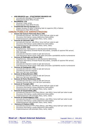 Mnet srl – Mynet Internet Solutions Copyright© Mnet s.r.l. 1995-2012
——————————————————————————————————————————————————————————————————
Via Imre Nagy, 7 - 46100 Mantova E-mail: info@mynet.it - www.mynet.it
Tel. 0376 263639 - Fax. 0376 269304 P.I. e CF 01762150207 – C.C.I.A.A. 180021
 ASM BRUNICO spa - STADTWERKE BRUNECK AG
Connettività ridondata FTTH/radio/rame
Realizzazione Rete MPLS Privata
 BULWERIAL LTD
Housing in data center
Realizzazione Rete MPLS Privata
 Cristoforetti Servizi Energia s.r.l.
Doppio Accesso IP ADSL in Bonding Sedi di Leganmo (MI) e Padova
Realizzazione Rete MPLS Privata
COMUNI/PUBBLICHE AMMINISTRAZIONI
 Unione dei Comuni Palvareta Nova (CR)
Connettività Internet, rete MPLS, fonia VoIP per tutte le sedi
Sicurezza informatica e posta elettronica (SecuraDSL)
Implementazione LAN aziendali (fibra, rame, radio)
 Comune di Calcinato (BS)
Connettività Internet, rete MPLS, fonia VoIP per tutte le sedi
Sicurezza informatica e posta elettronica (SecuraDSL)
Implementazione LAN aziendali (fibra, rame, radio)
 Comune di OME (BS)
Progettazione, realizzazione e ristrutturazione Networking
Sicurezza informatica (Firewall Mynet SecuraDSL, completo di opzione FAX server)
VPN intersede
Connettività Internet in tutte le sedi del Comune
VoIP attraverso Mynet Voicer nella sede comunale e portabilità vecchia numerazione
 Comune di Padenghe sul Garda (BS)
Progettazione, realizzazione e ristrutturazione Networking
Sicurezza informatica (Firewall Mynet SecuraDSL, completo di opzione FAX server)
VPN intersede
Connettività Internet in tutte le sedi del Comune
VoIP attraverso Mynet Voicer nella sede comunale e portabilità vecchia numerazione
 Comune di Castegnato (BS)
Connettività Internet in tutte le sedi del Comune
Connettività Internet Hiperlan
Back up e fail over automatico
 Comune di Roncoferraro (MN)
Connettività Internet in tutte le sedi del Comune
Back up e fail over automatico
 Comune di Porto Mantovano (MN)
Connettività Internet in tutte le sedi del Comune
Gestione Dominio-Back up e fail over automatico
 Comune di Treviglio (BG)
Connettività Internet, rete MPLS, fonia VoIP per tutte le sedi
Sicurezza informatica e posta elettronica (SecuraDSL)
Implementazione LAN aziendali (fibra, rame, radio)
 Comune di Carpenedolo (BS)
Connettività Internet FTTH (Fibra Ottica), rete MPLS, fonia VoIP per tutte le sedi
Sicurezza informatica e posta elettronica (SecuraDSL)
Implementazione LAN aziendali (fibra, rame, radio)
 Comune di Casalmaggiore (CR)
Connettività Internet FTTH (Fibra Ottica), rete MPLS, fonia VoIP per tutte le sedi
Sicurezza informatica e posta elettronica (SecuraDSL)
Implementazione LAN aziendali (fibra, rame, radio)
 Comune di Viadana (MN)
Connettività Internet FTTH (Fibra Ottica), rete MPLS, fonia VoIP per tutte le sedi
Sicurezza informatica e posta elettronica (SecuraDSL)
Implementazione LAN aziendali (fibra, rame, radio)
 